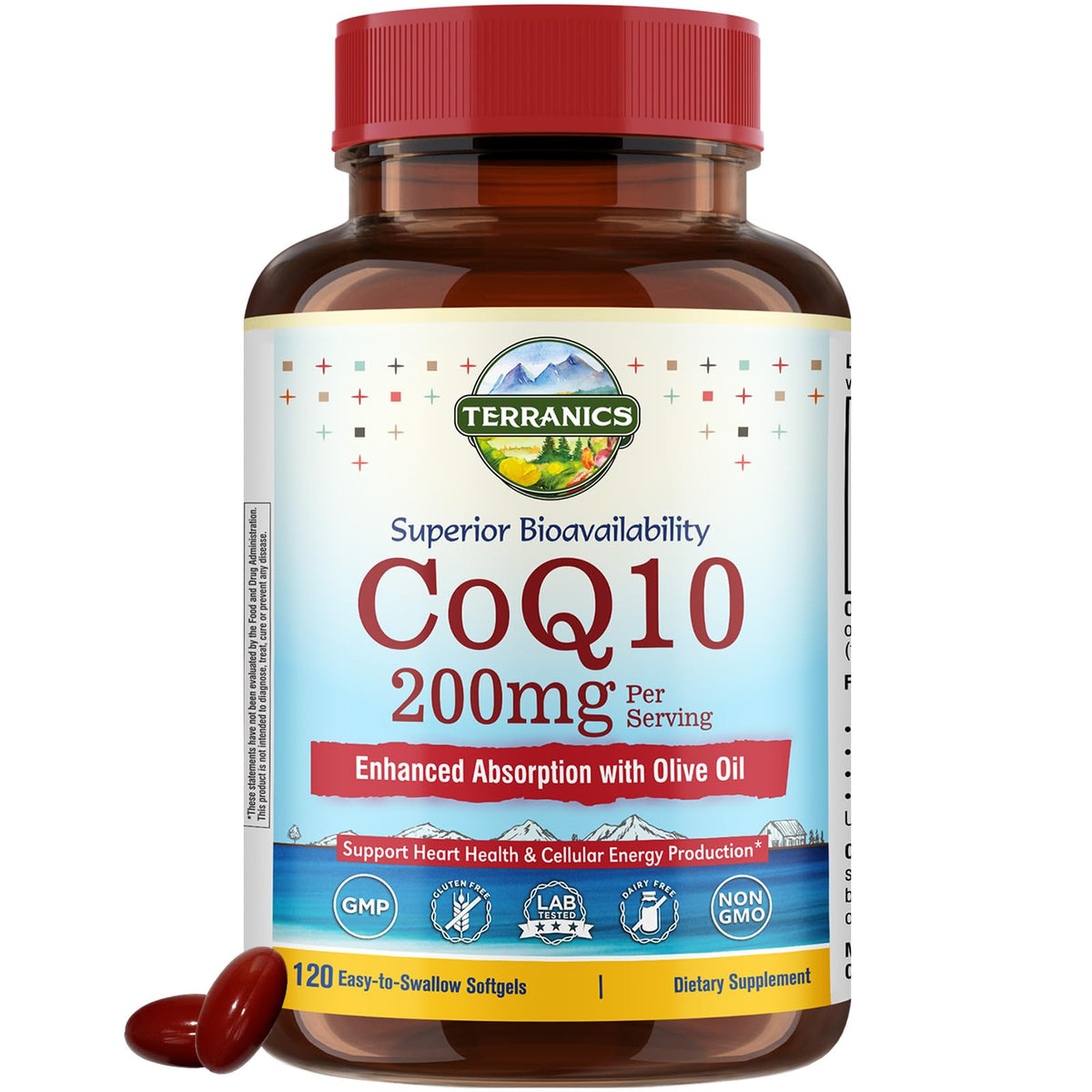 Terranics CoQ10 – Bouteille affichée, soutien potentiel à l'énergie et à la vitalité quotidienne.