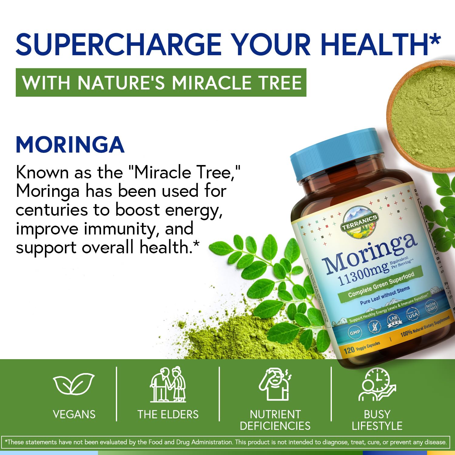 Etiquette Terranics Moringa sur emballage clair, transparence Qualite GMP.