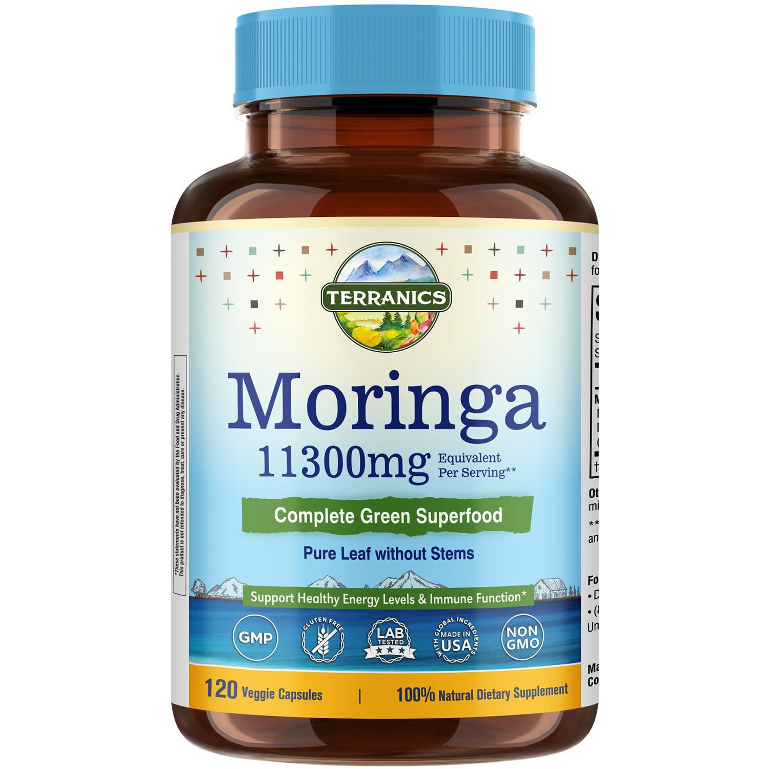 Gélules Terranics Moringa dans une bouteille fermée, soutien énergétique naturel potentiel.
