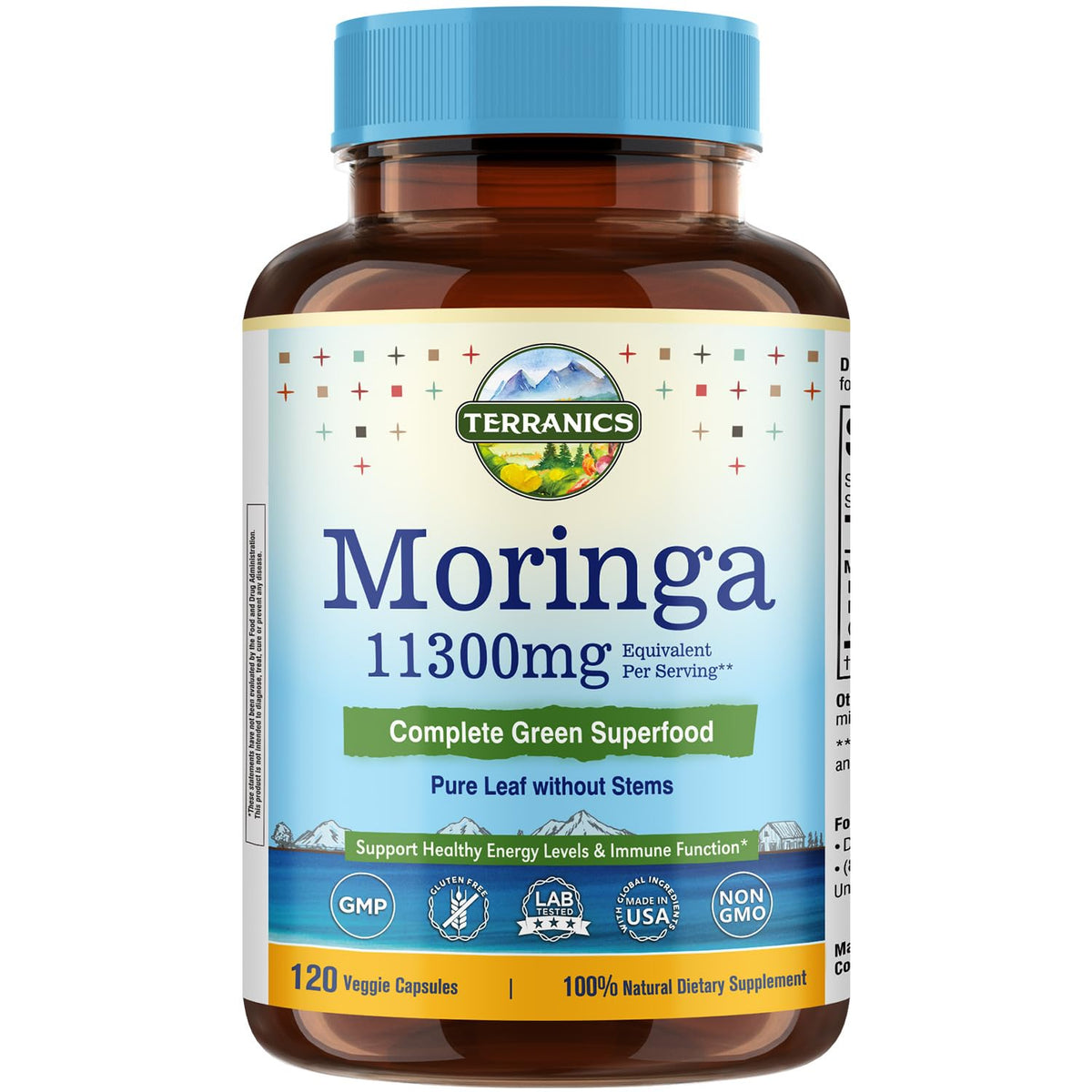 Gélules Terranics Moringa dans une bouteille fermée, soutien énergétique naturel potentiel.
