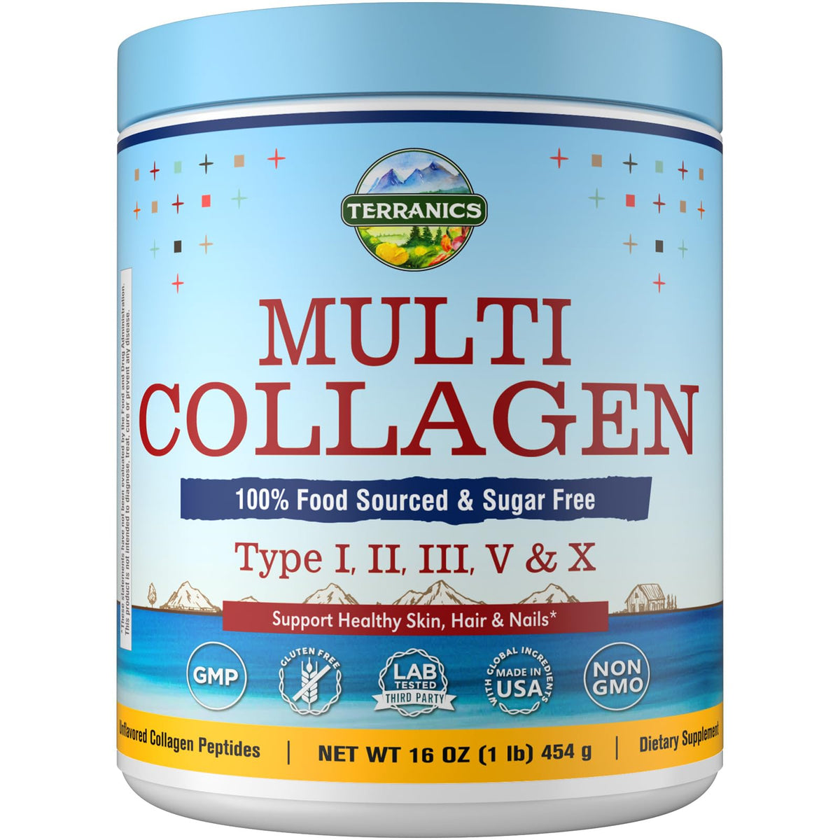 Terranics Poudre Multi-Collagène: emballage 16oz pratique pour démarrer votre routine.