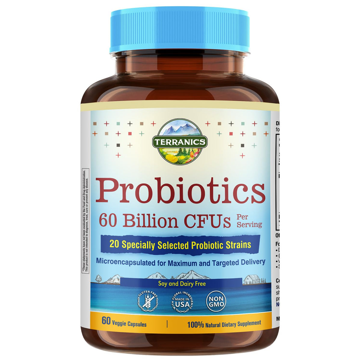Terranics Probiotiques: Bouteille 60 Milliards CFU pour le soutien digestif.