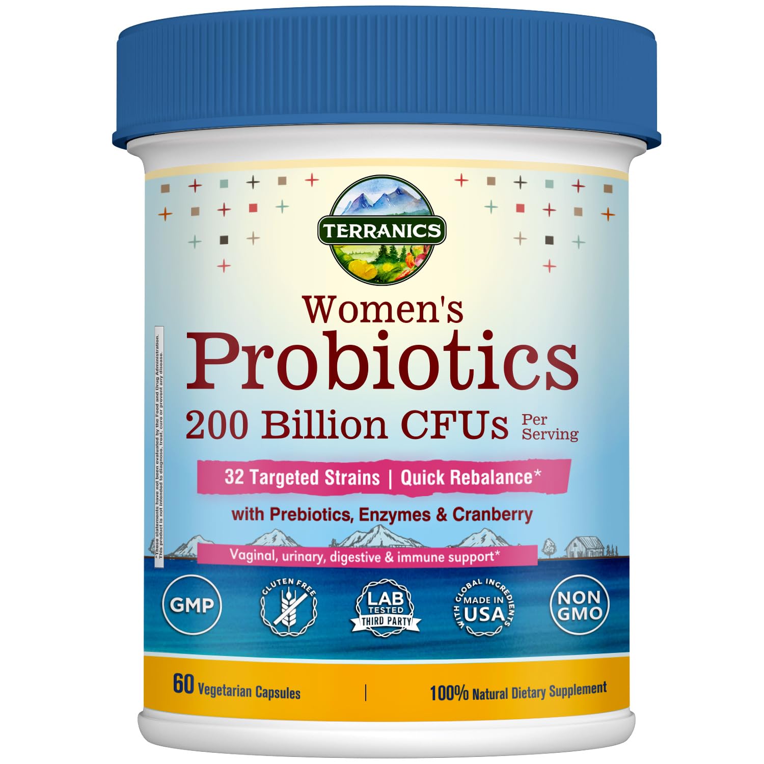 Terranics Probiotiques pour Femmes: flacon et gélules faciles à avaler, soutien digestif potentiel.