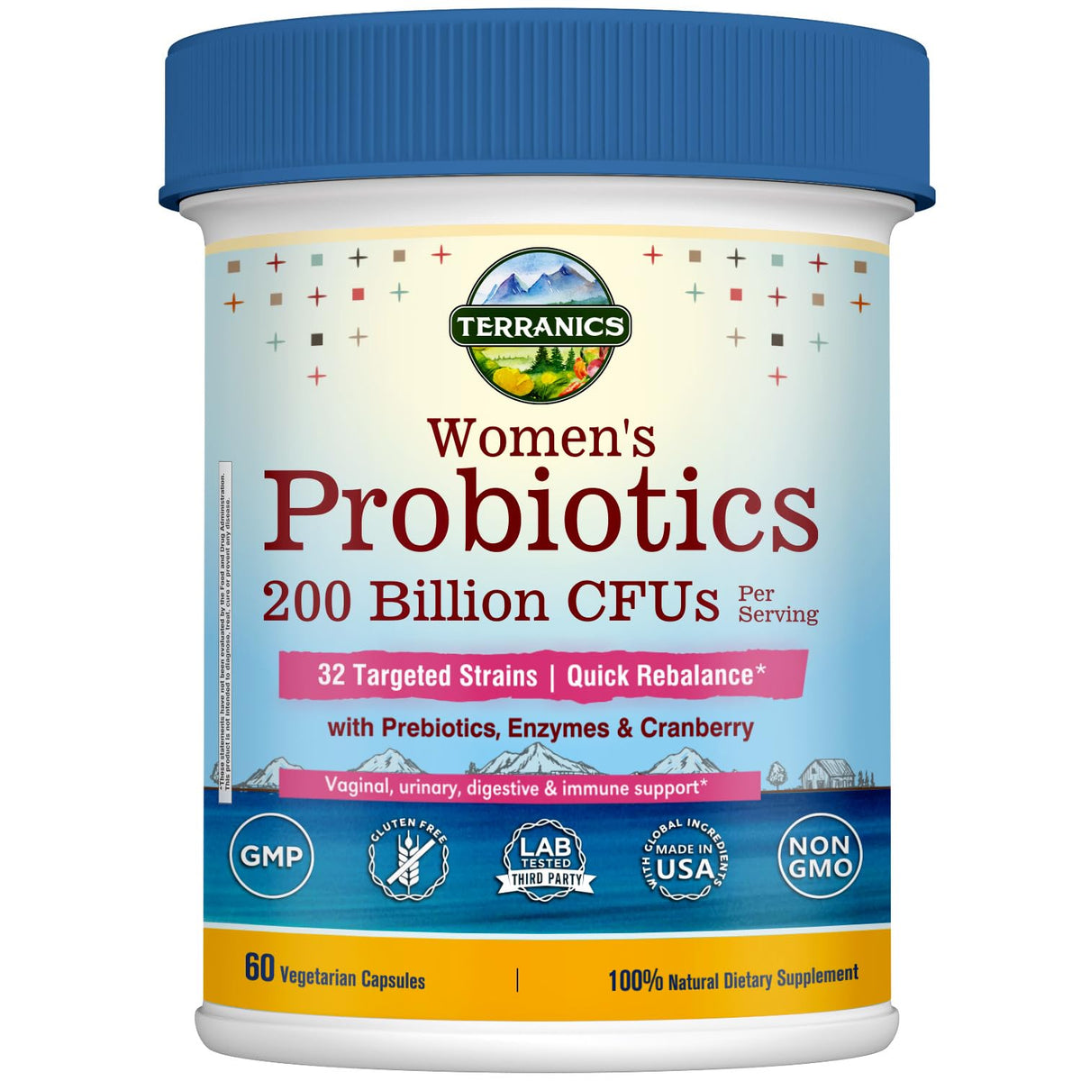 Terranics Probiotiques pour Femmes: flacon et gélules faciles à avaler, soutien digestif potentiel.