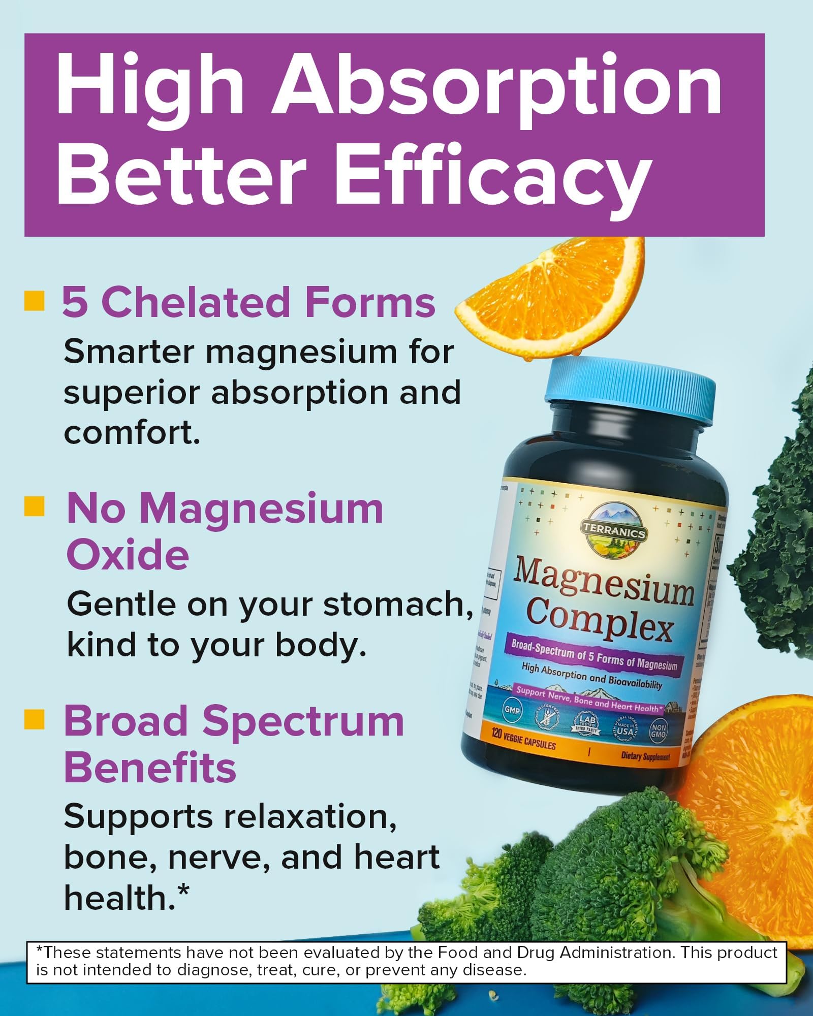 Terranics Magnesium Complex, cinq formes chelatees, meilleure absorption potentielle