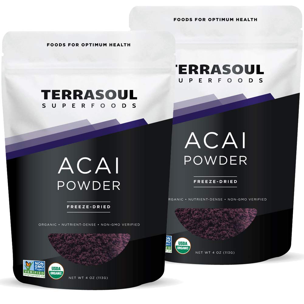 Terrasoul acai poudre, sachet ouverte, idéale pour smoothies riches en antioxydants.