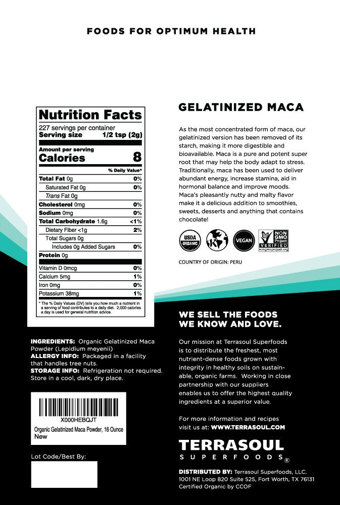Terrasoul Maca Poudre Gelatinisee, cuillère-dose idéale pour smoothies