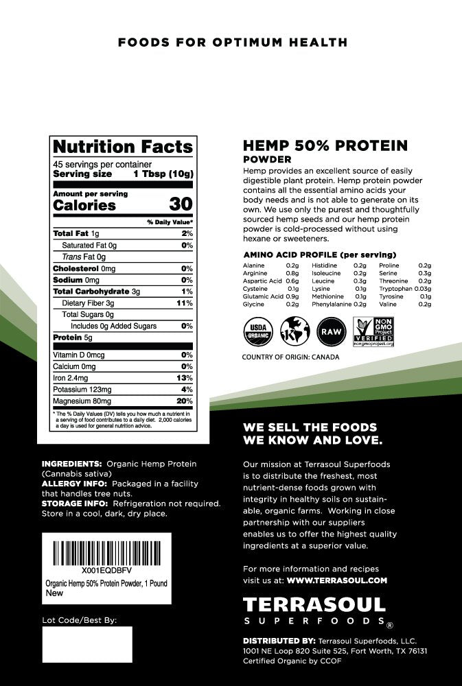 Terrasoul protéine de chanvre biologique, doseur inclus pour portions faciles.