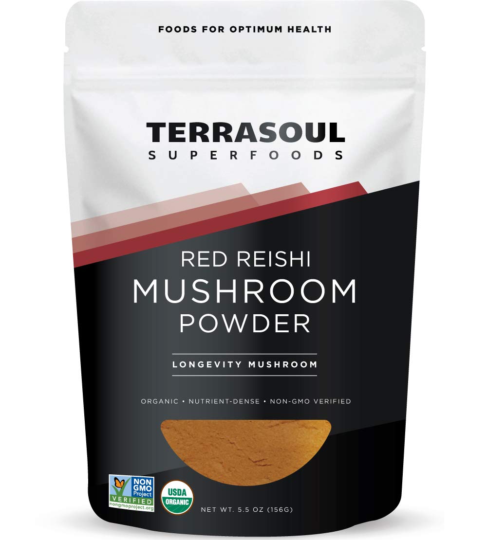 Terrasoul Reishi poudre extrait 4-1 emballage: dosage facile et biologique.