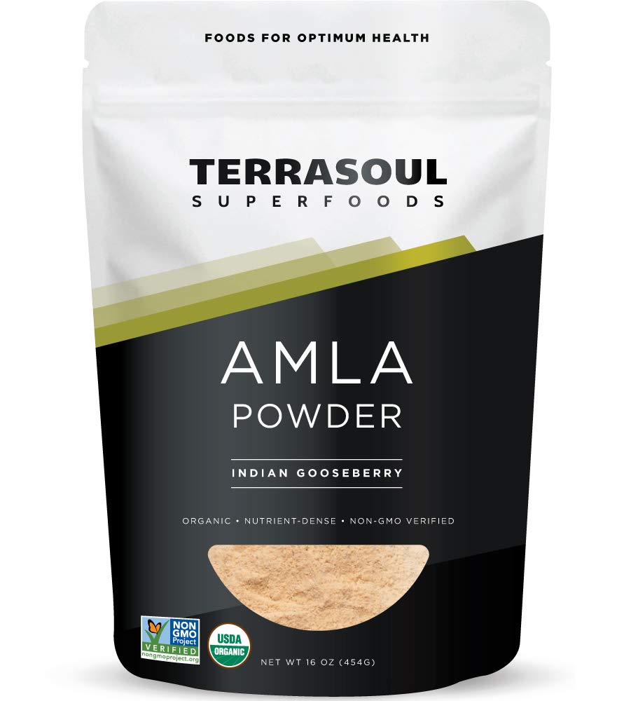 Terrasoul Superfoods Amla en poudre dans une bouteille, soutien naturel d'énergie et vitalité.