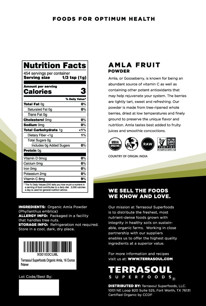 Terrasoul Superfoods Amla en poudre, sachet, usage quotidien pour enrichir les boissons.
