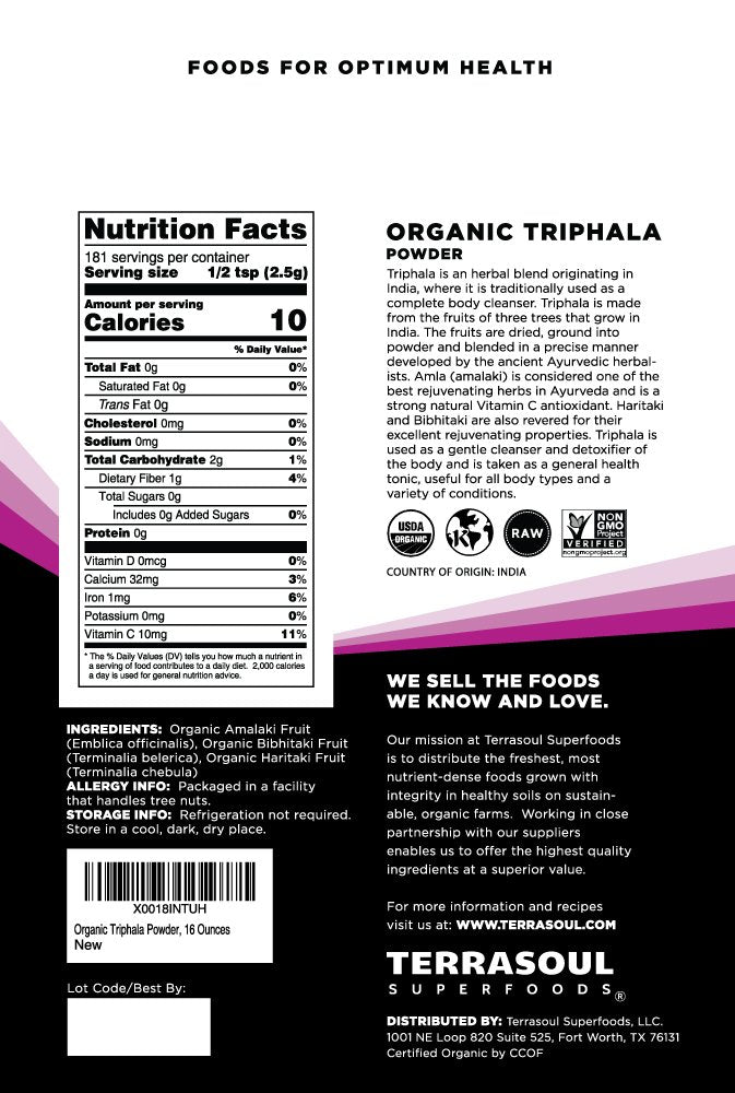 Terrasoul Triphala Poudre bio dans un bocal ouvert, pratique pour dosage précis.
