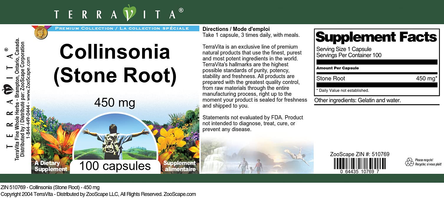 Terravita ingrédients collinsonia 450 mg, par capsule pour un usage quotidien.