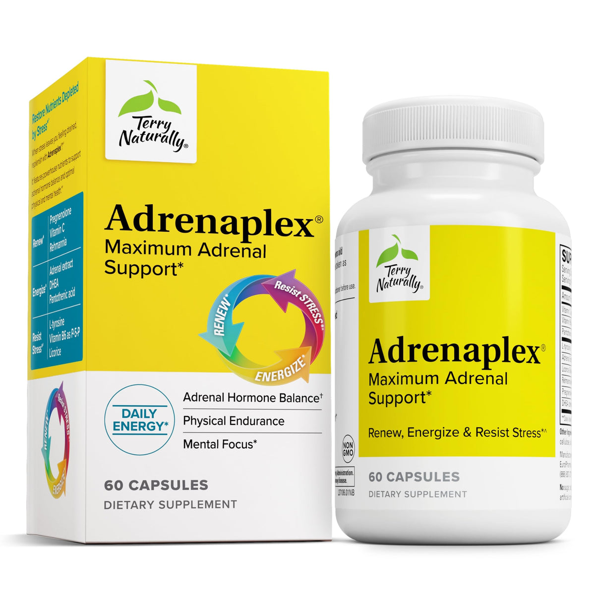 Terry Naturally Adrenaplex – Bouteille avec capsules pour soutien énergétique quotidien.