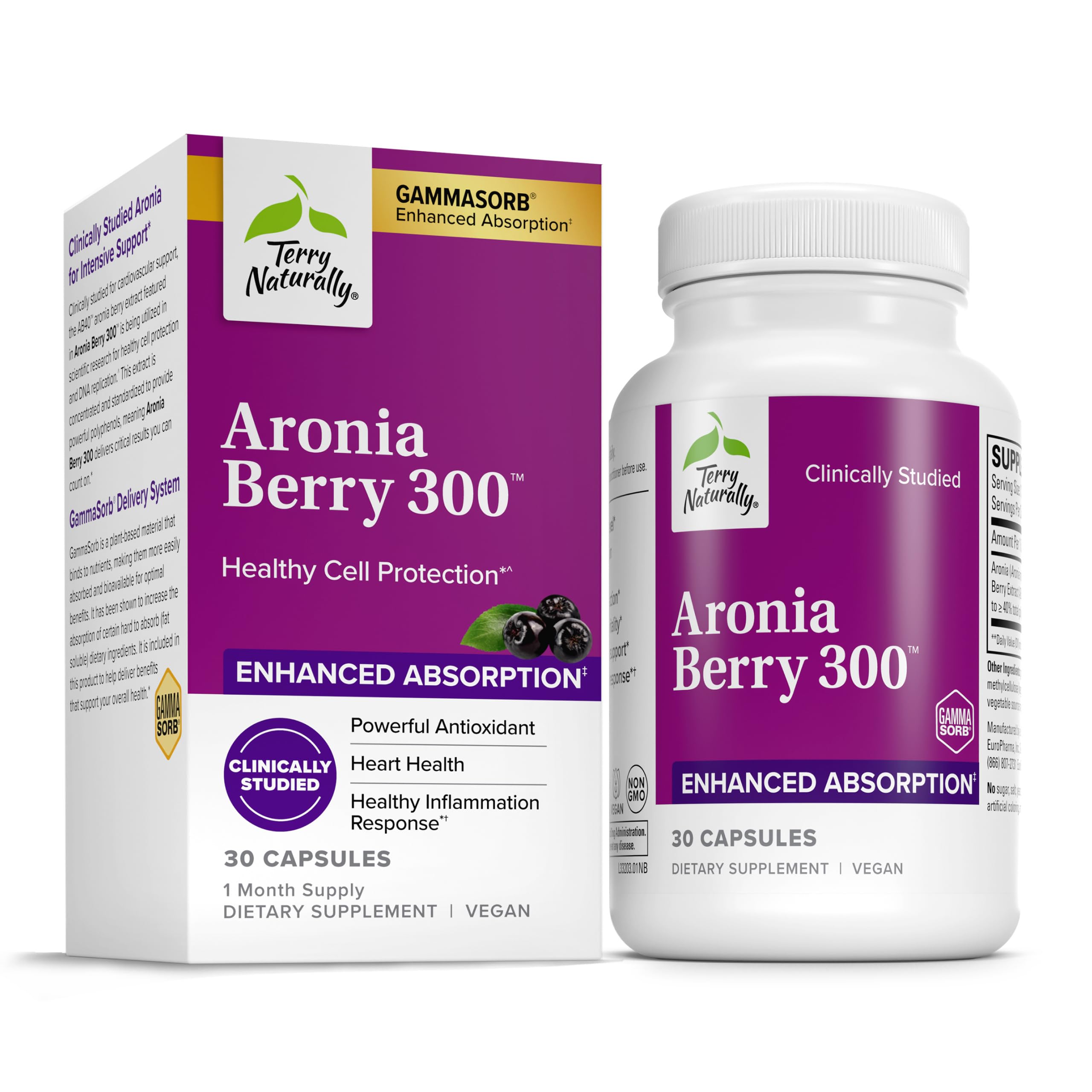 Capsules Terry Naturally Aronia Berry 300 prêtes à être prises, soutien antioxydant potentiel.