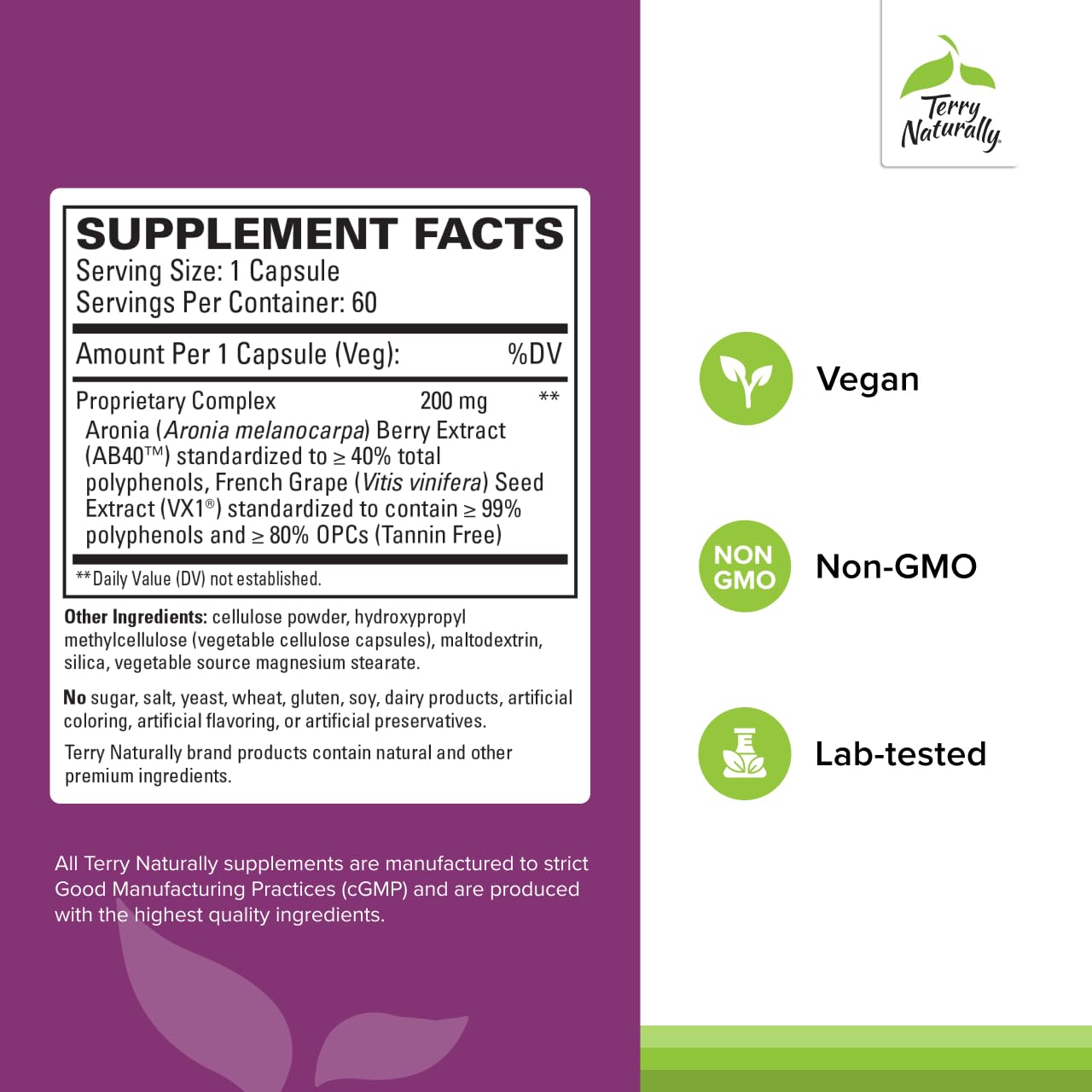 Gélules véganes Terry Naturally Aronia Berry Complex riches en polyphénols pour l'antioxydant quotidien.