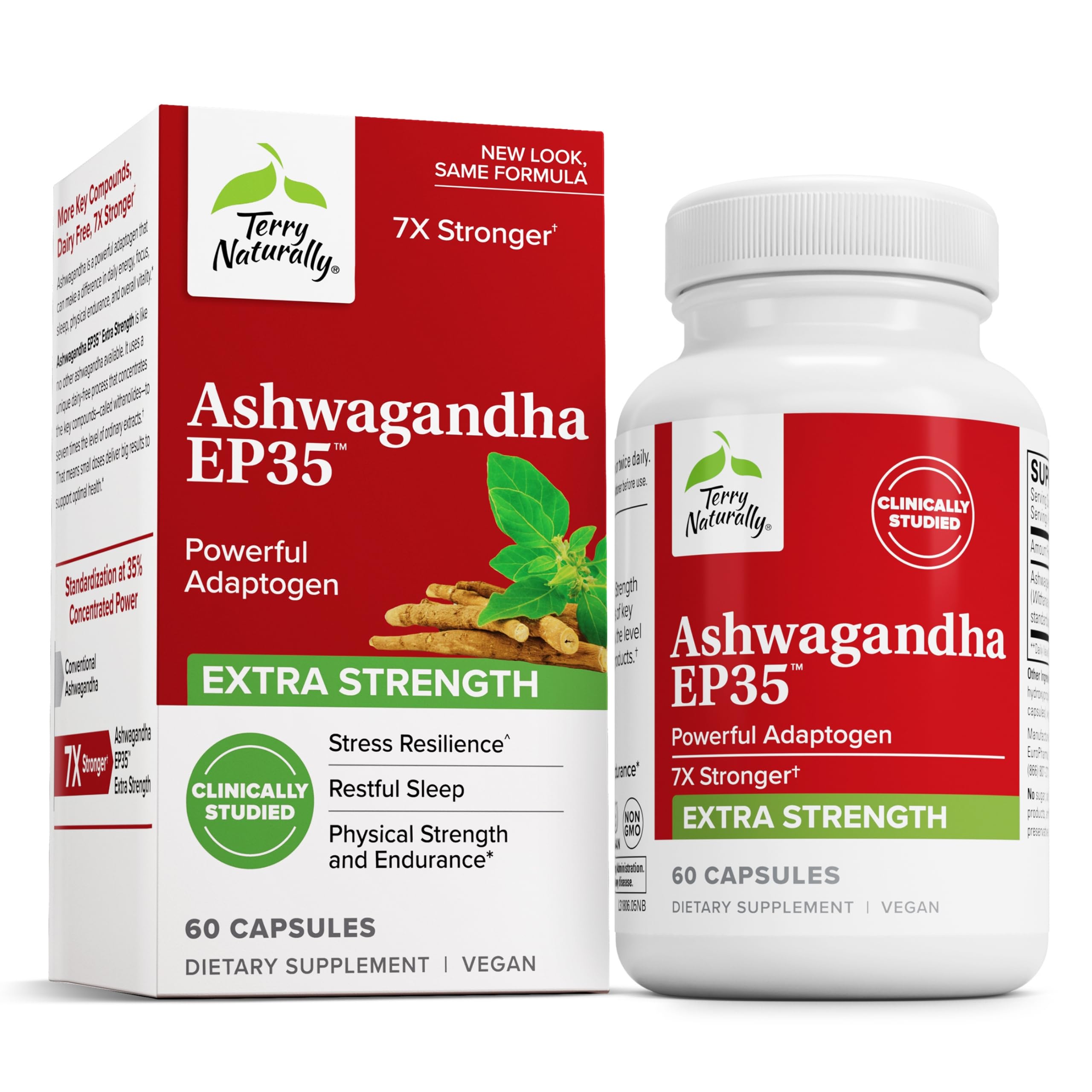 Terry Naturally Ashwagandha EP35 – bouteille, soutien au sommeil et concentration.