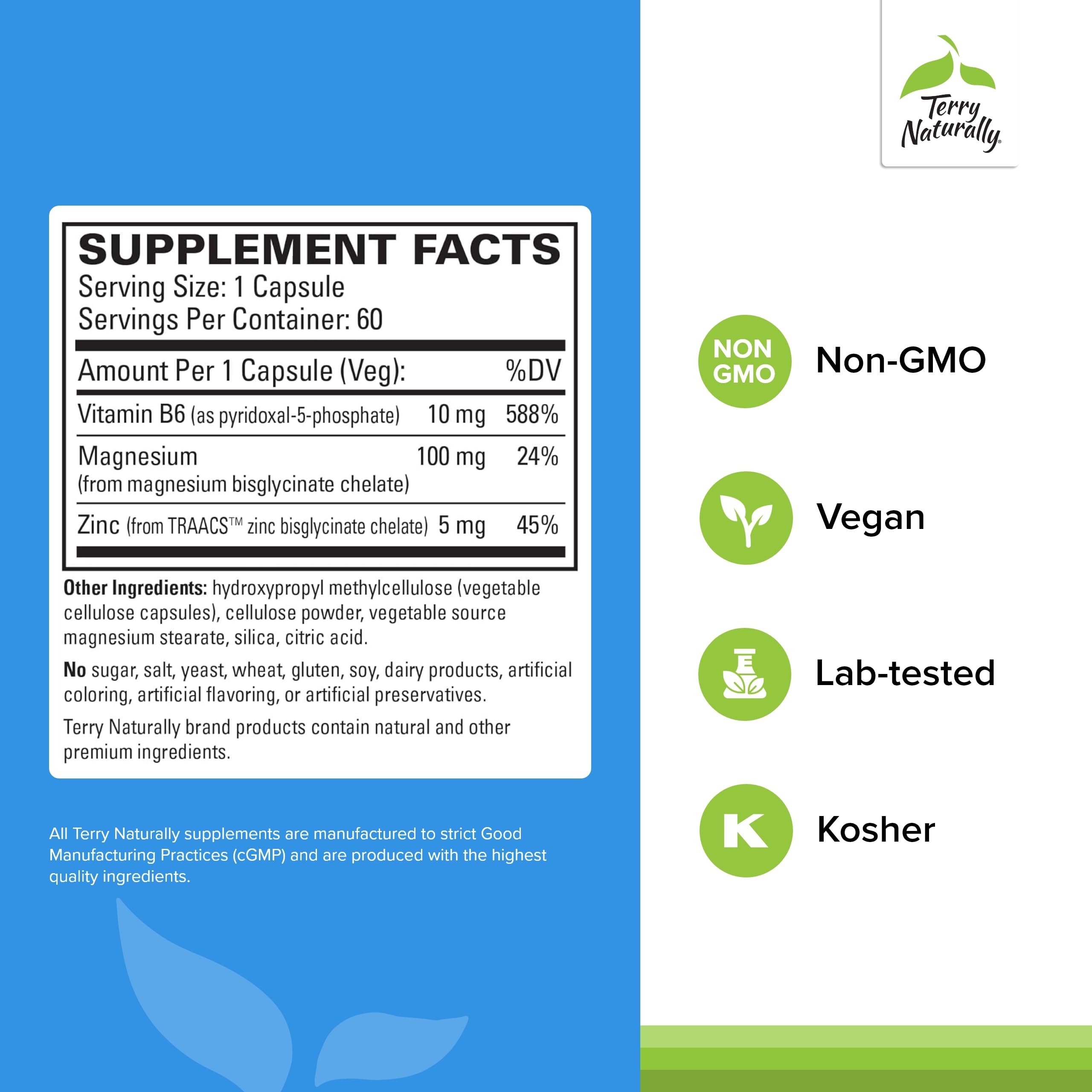 Gélules véganes avec P5P et zinc pour absorption optimale.