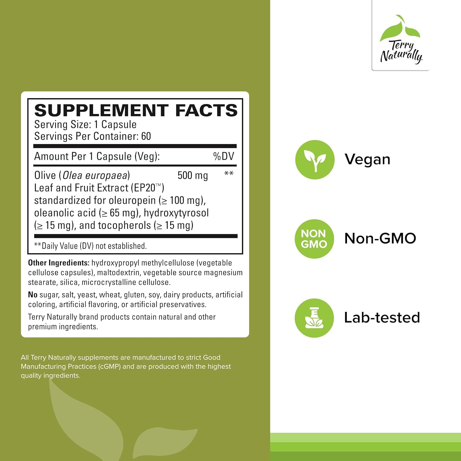 Terry Naturally Capsules Extrait d’Olive EP20 — capsules faciles à avaler pour une routine simple.