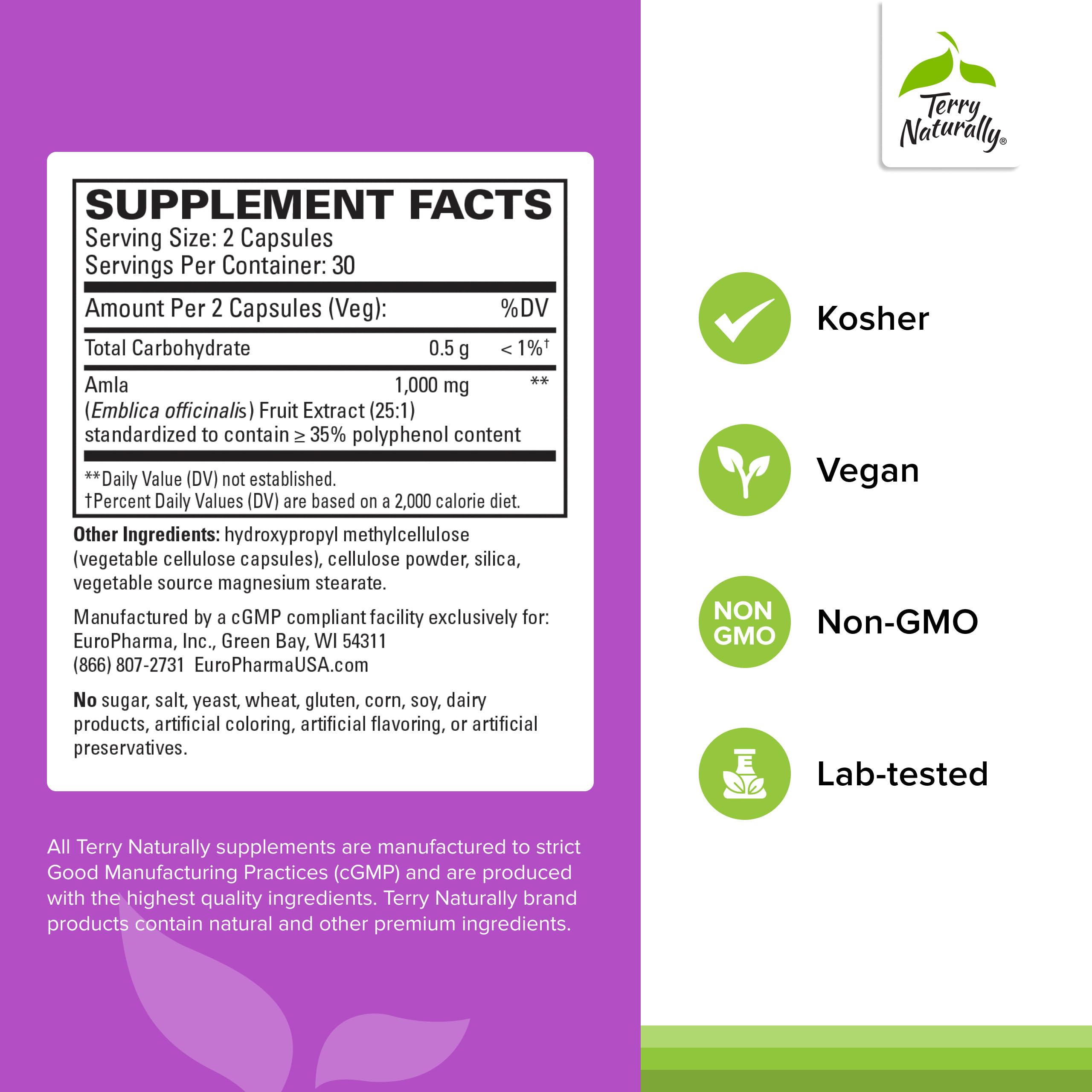 Étiquette Terry Naturally amla-cholestérol – vue claire des ingrédients et bénéfices potentiels