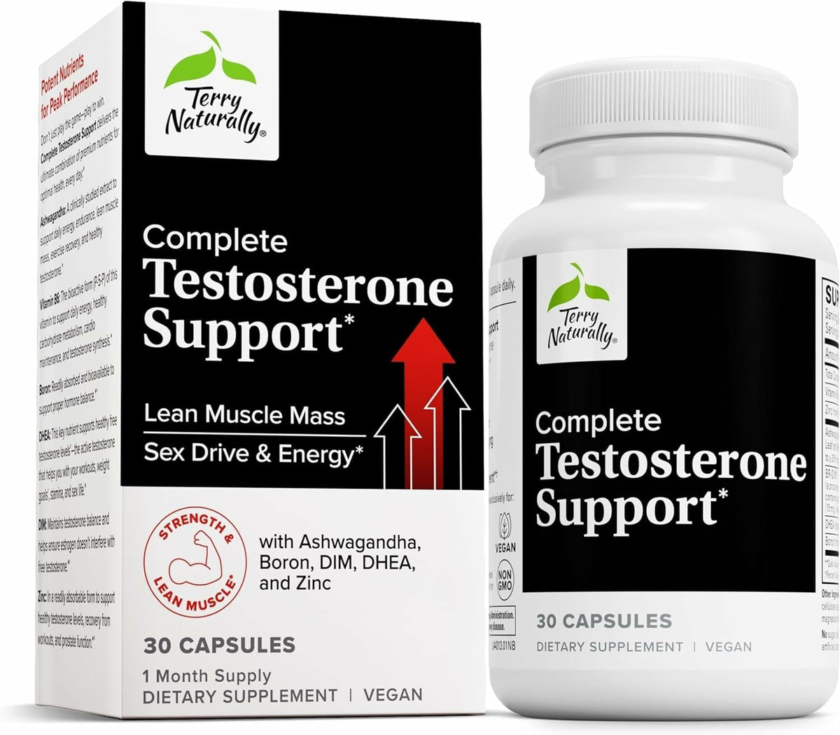 Terry Naturally Complete Testosterone Support – bouteille visible, énergie et récupération après l'effort.