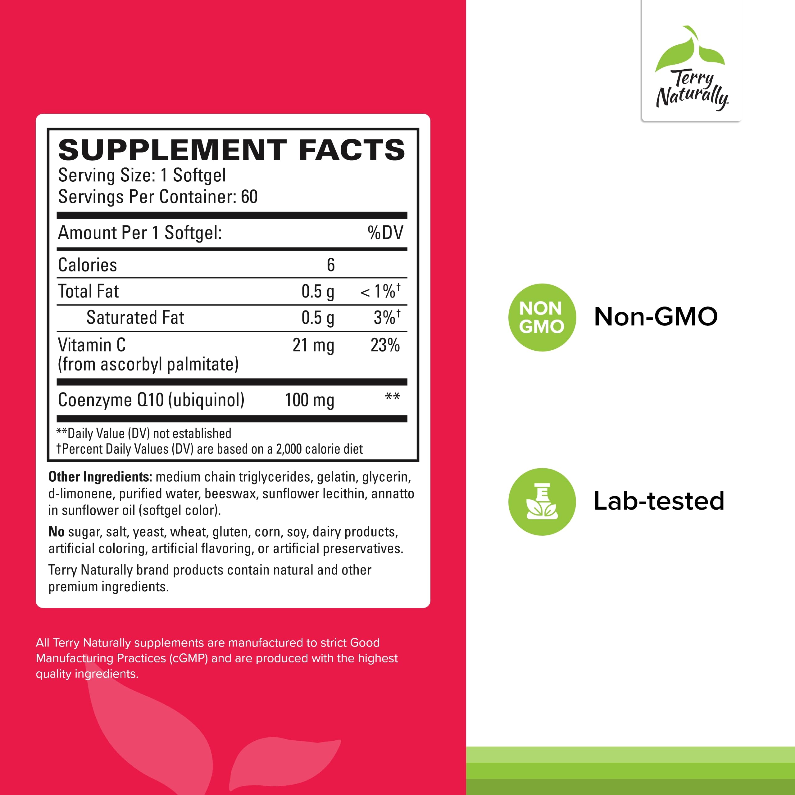 Terry Naturally CoQ10 BioActive ubiquinol – boîte, emballage clair et liste d'ingrédients.