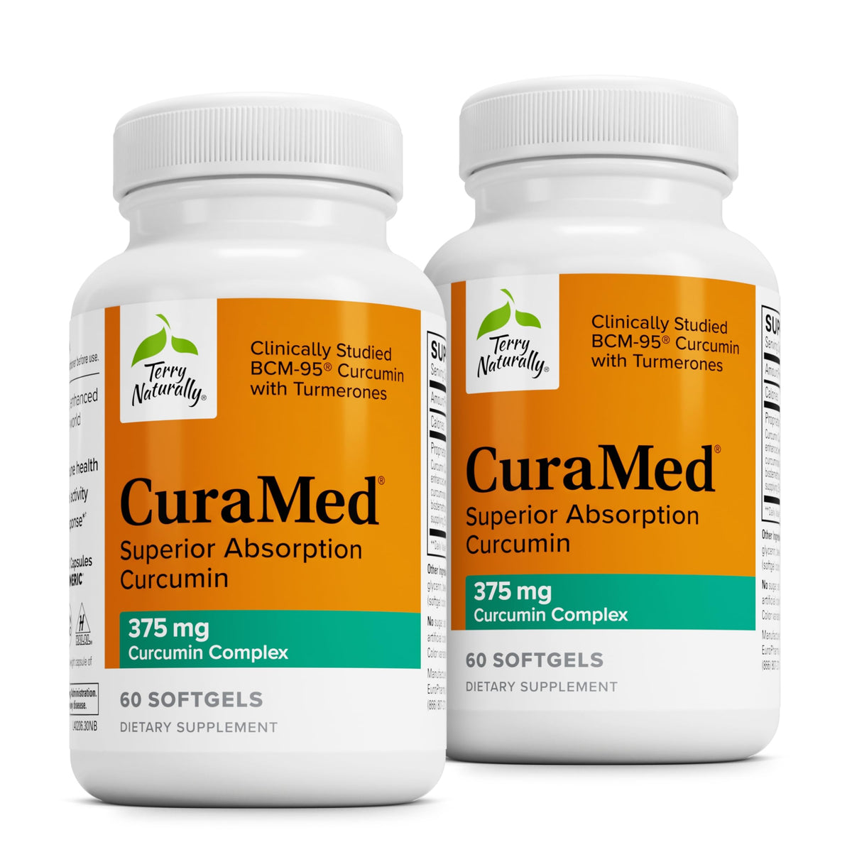 Terry Naturally CuraMed 375 mg, bouteille de capsules, absorption accrue des curcuminoïdes.