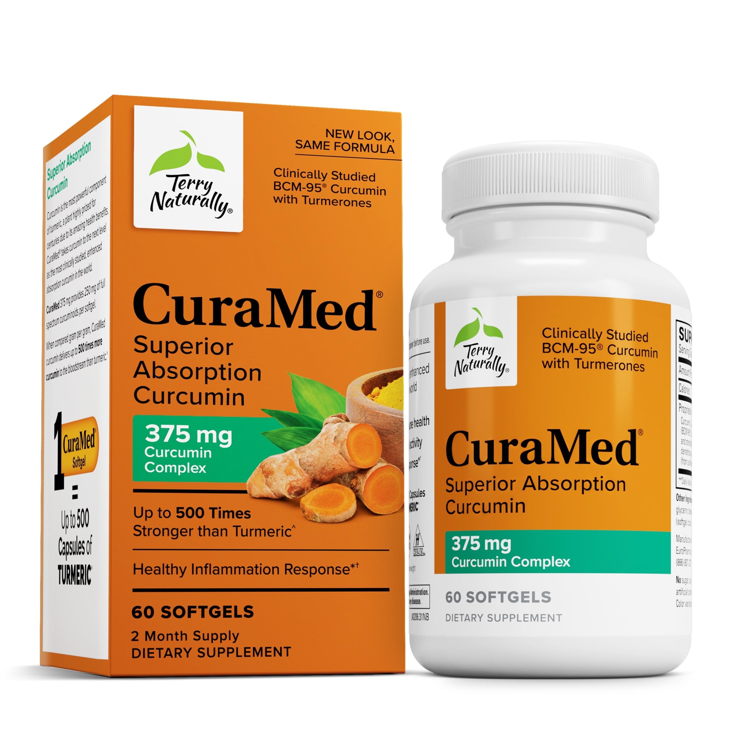 Terry Naturally CuraMed 375mg – bouteille montrant le conditionnement et le format gélules molles.