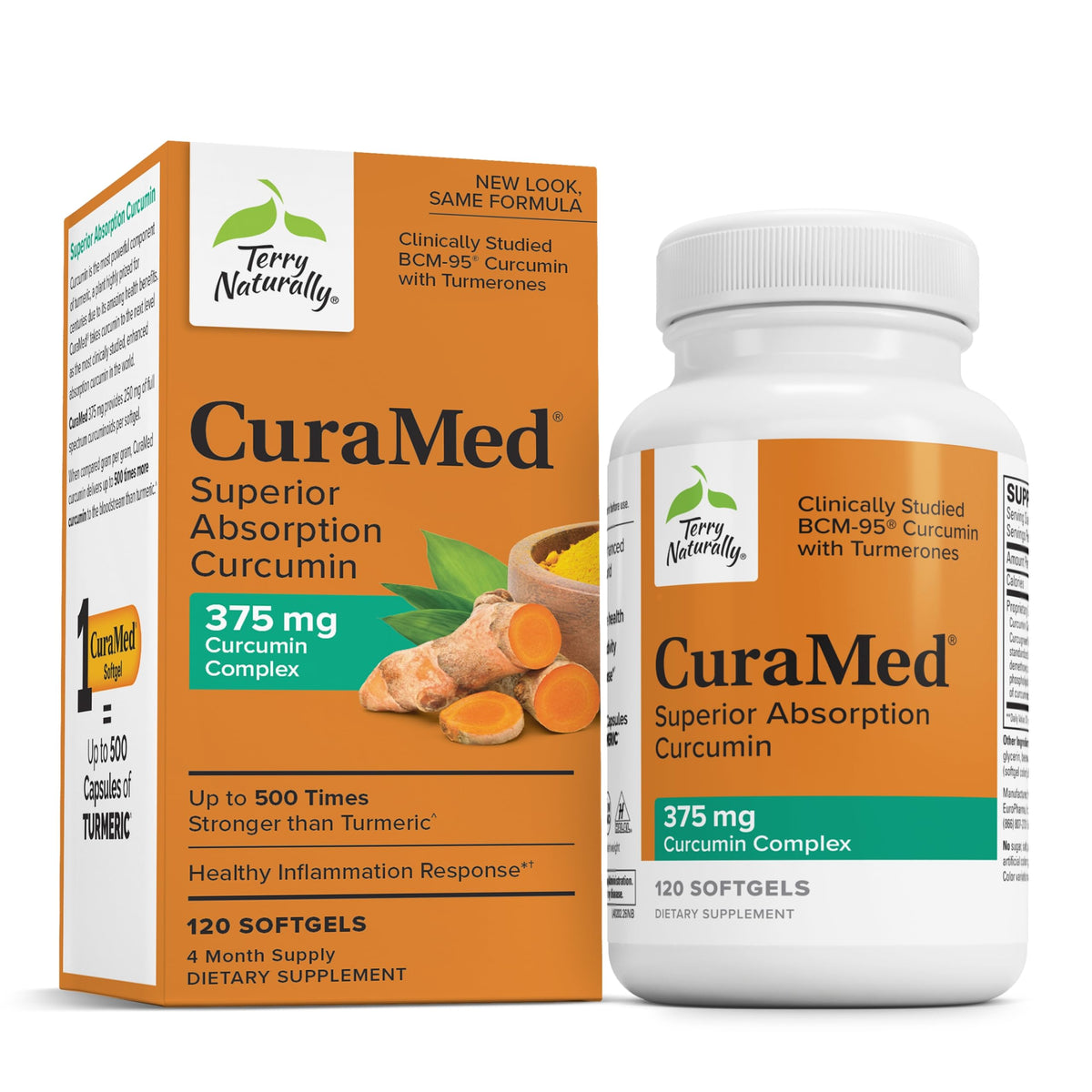 Terry Naturally CuraMed 375mg, capsule molle et bouteille, pratique pour votre routine quotidienne.