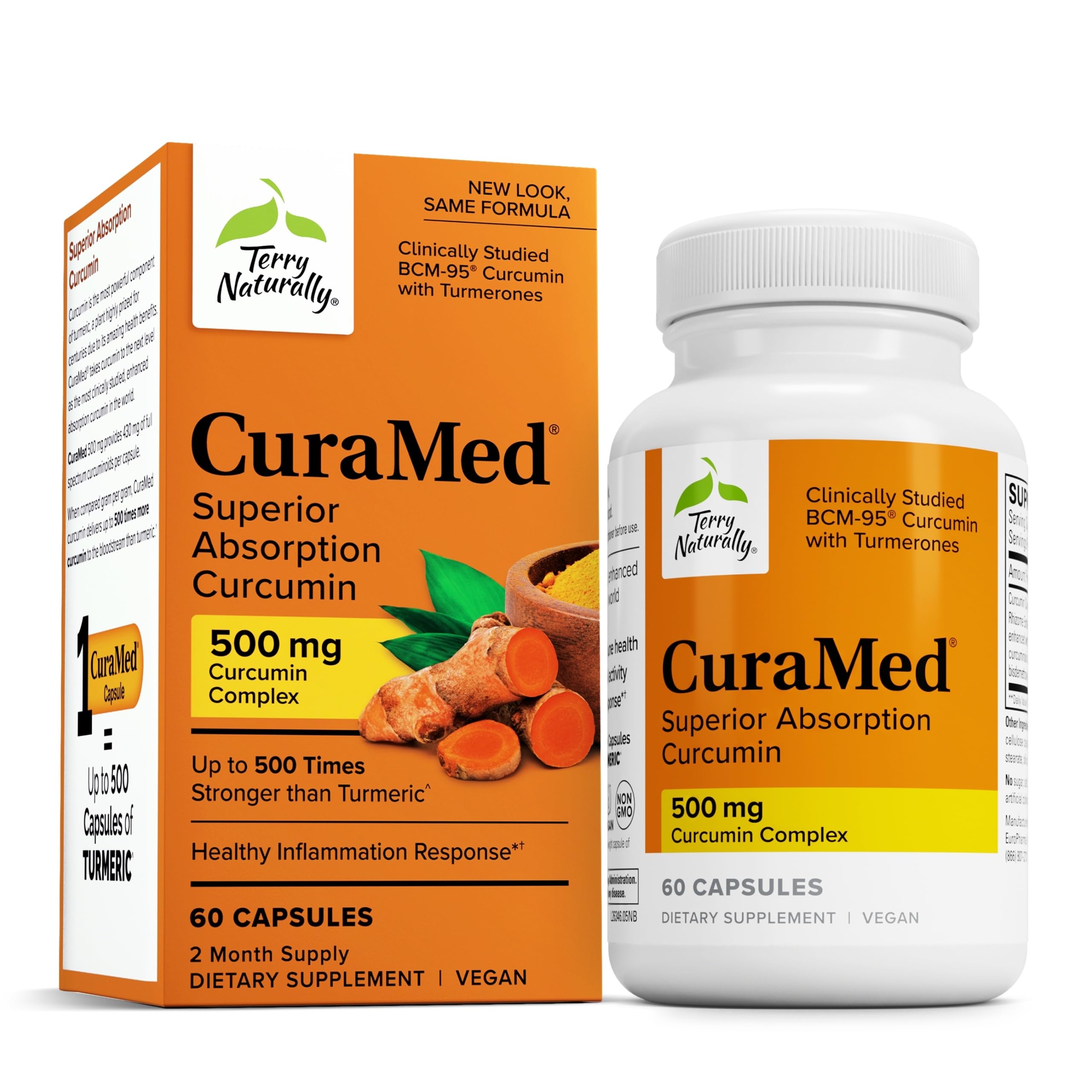CuraMed 500mg de Terry Naturally, bouteille de capsules prête à un usage quotidien.