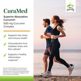 CuraMed 500mg, capsules et huile essentielle de curcuma visibles pour le bien-être quotidien.