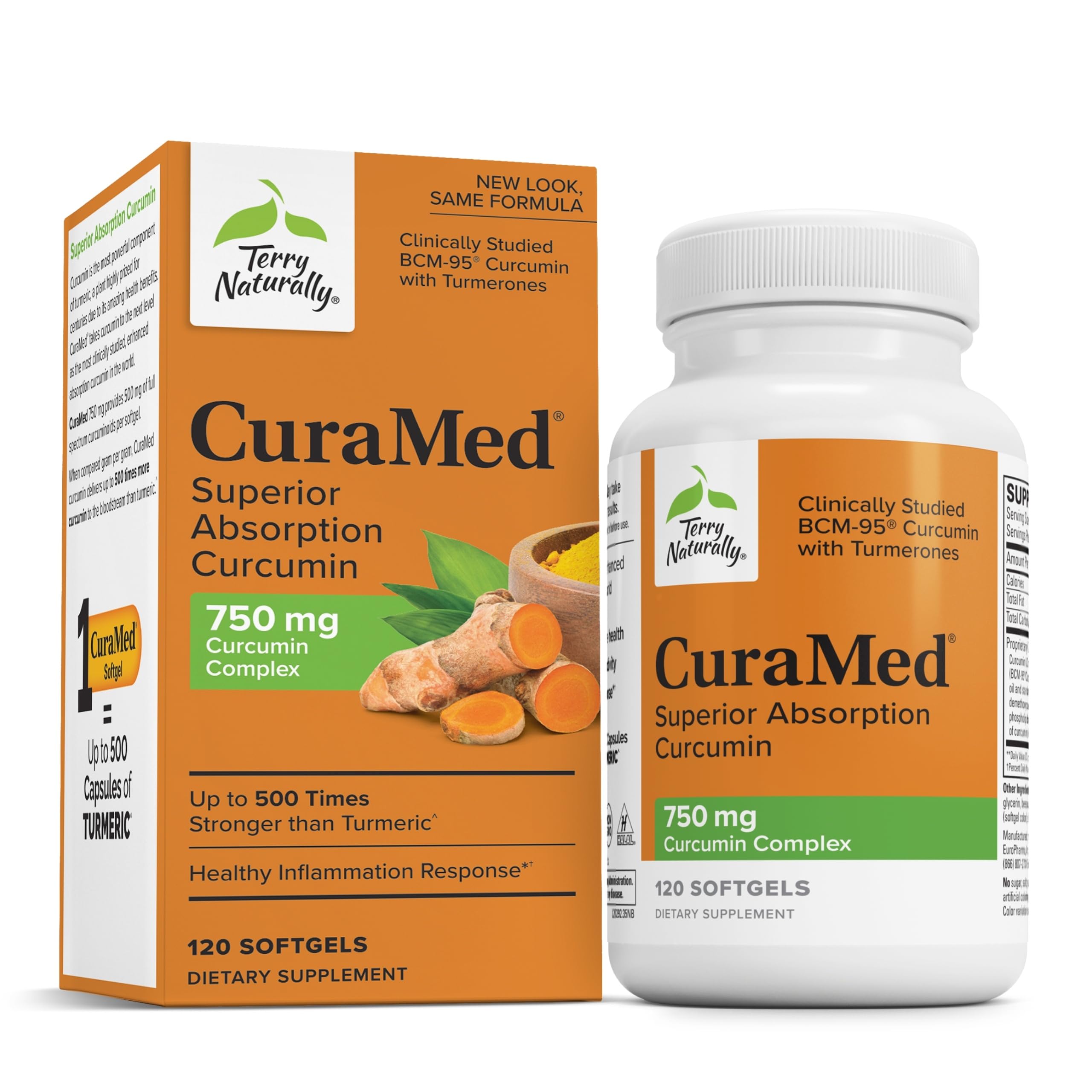 CuraMed 750 mg — bouteille de capsules molles, soutien antioxydant pour cerveau et cœur.