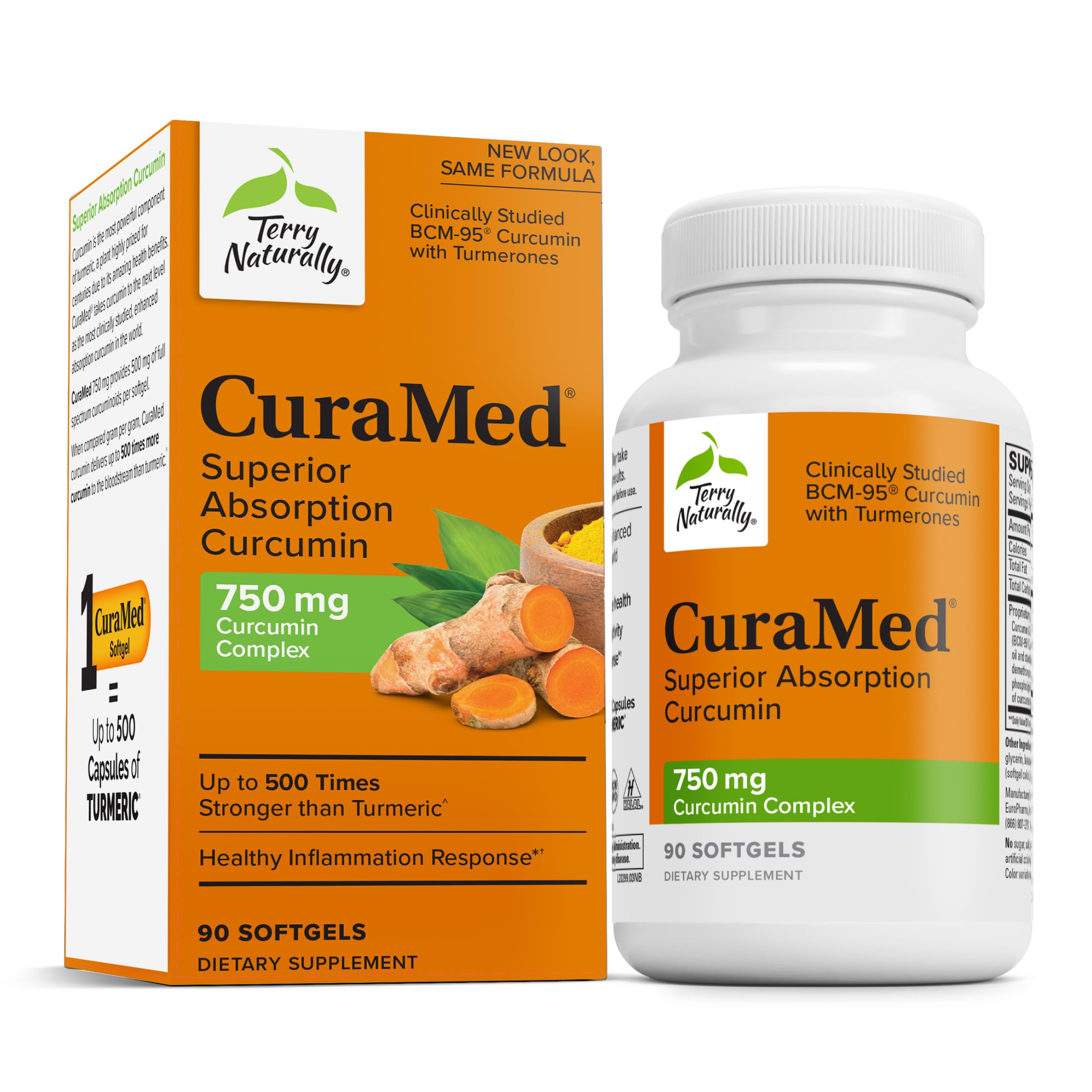 Terry Naturally CuraMed 750mg, bouteille avec gélules, soutien antioxydant potentiel pour cerveau et cœur