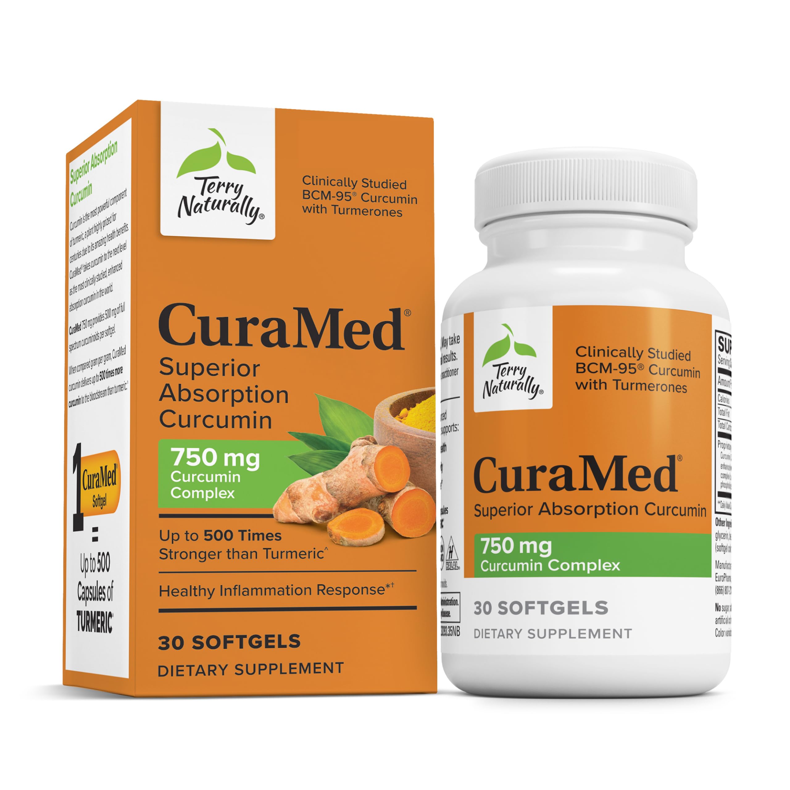 CuraMed 750 mg – bouteille Terry Naturally, soutien antioxydant possible pour cerveau et cœur.
