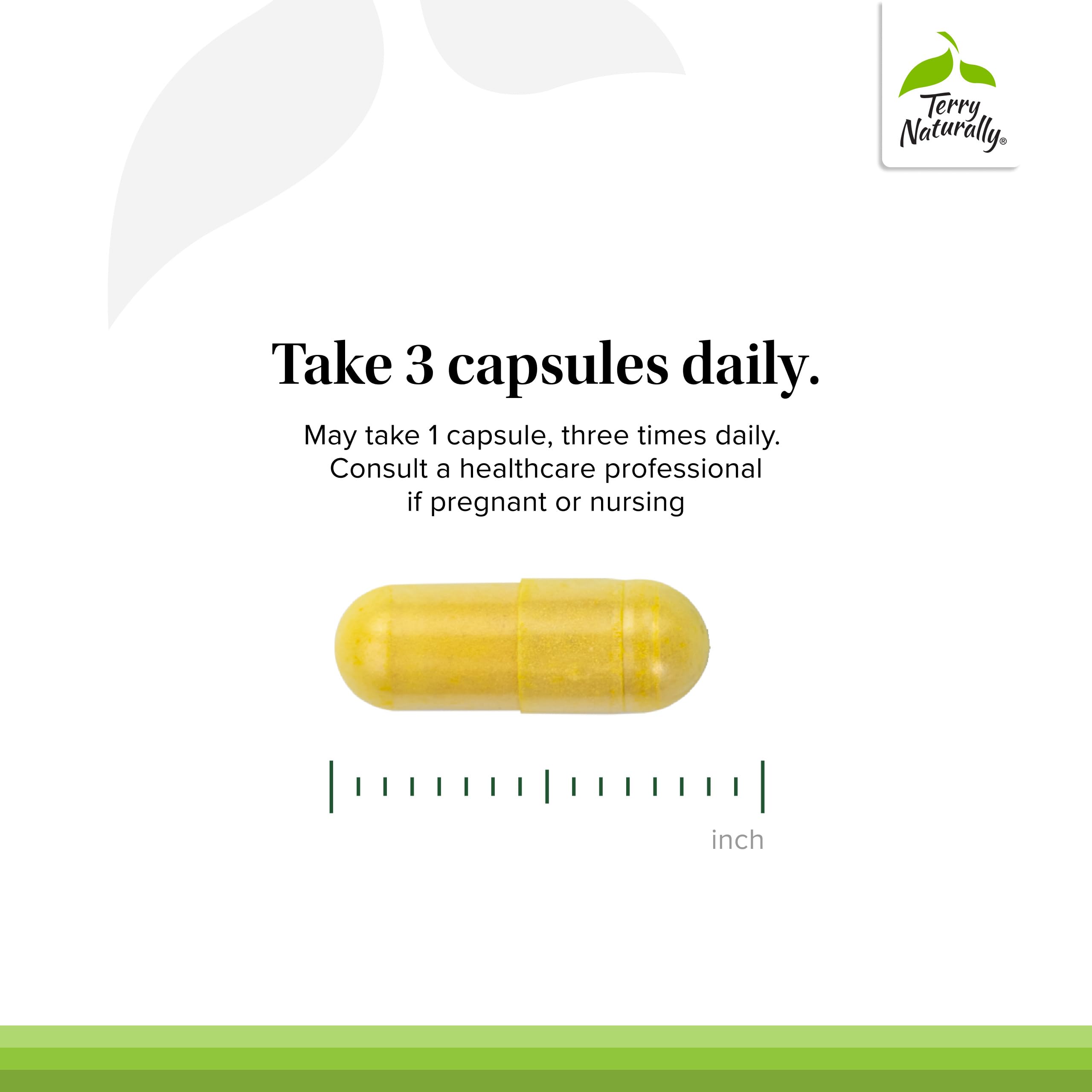 Terry Naturally Curamin – dosage quotidien recommandé pour trois prises quotidiennes.