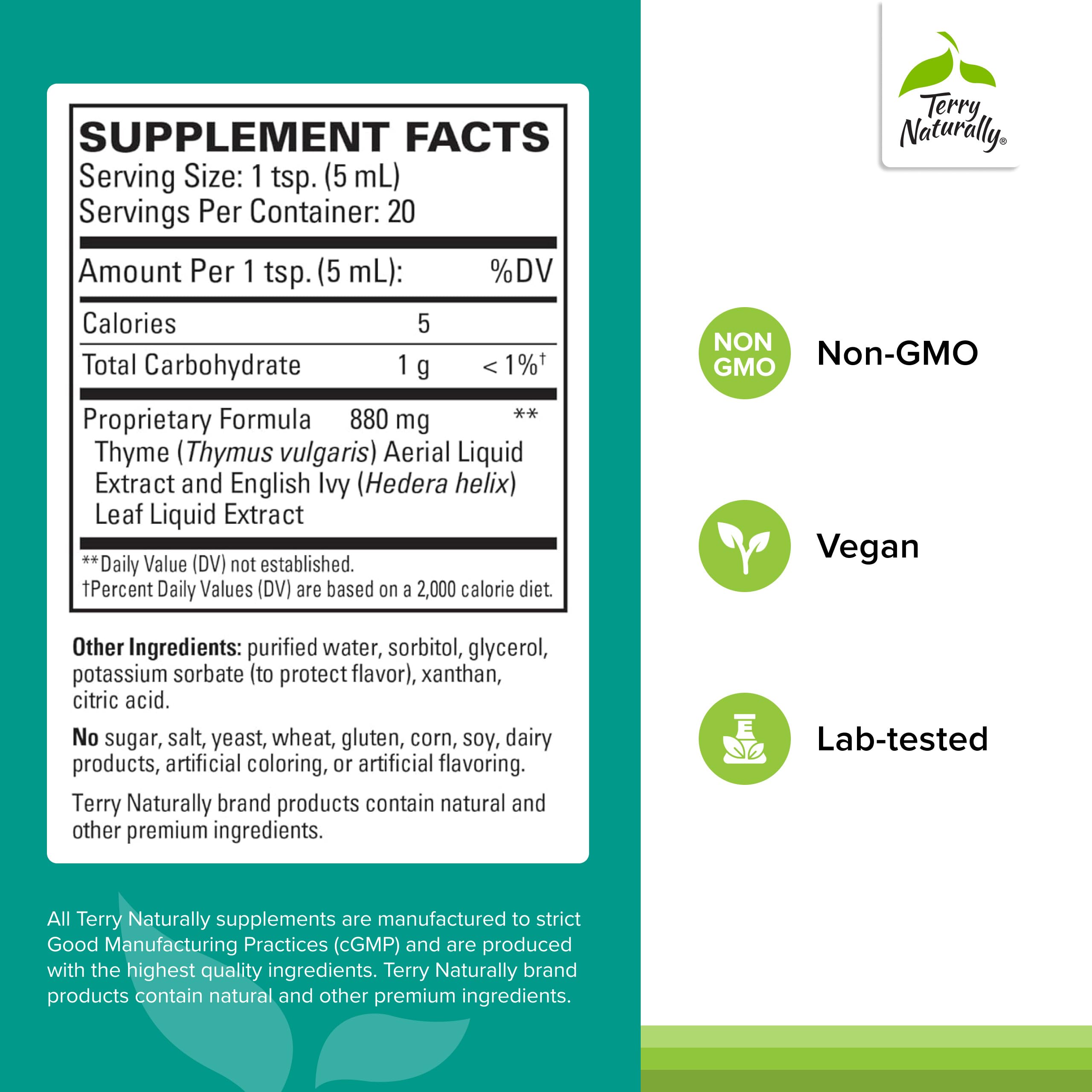 Terry Naturally Bronchial Clear Liquid – dose-cuillere facilitant le dosage quotidien.