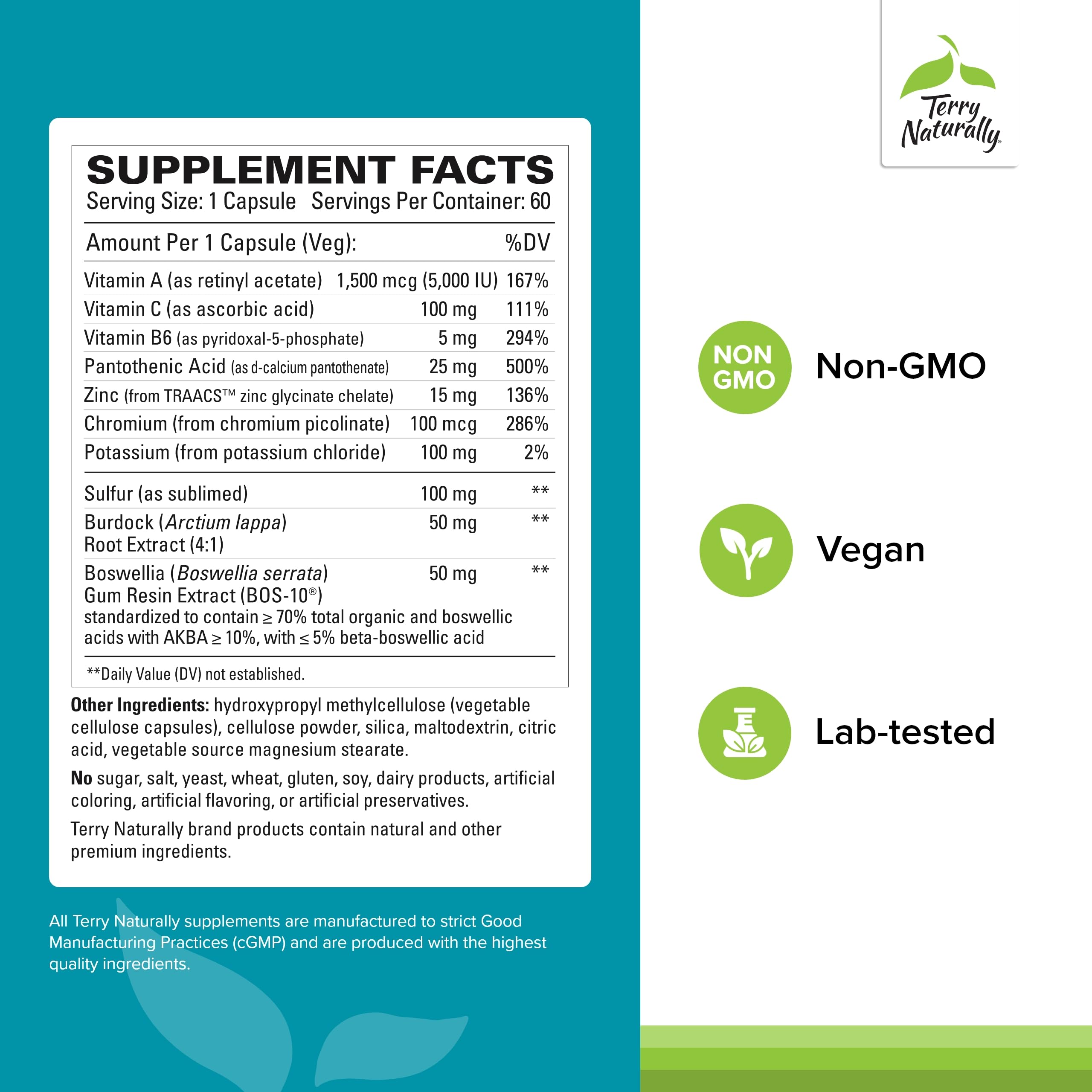 Terry Naturally étiquette produit sans additifs artificiels et transparence.