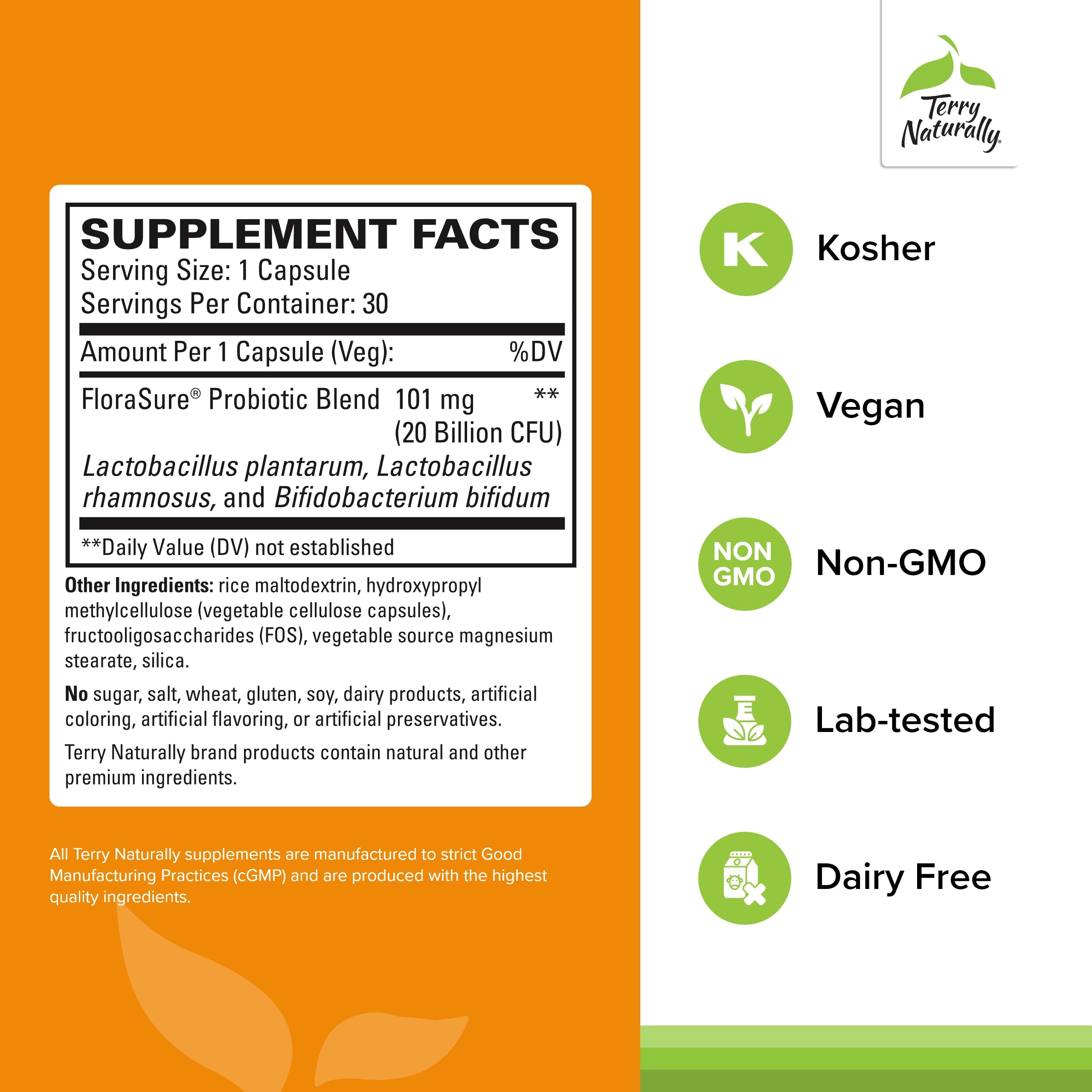 Terry Naturally FloraSure Probiotique, gélules, aide potentielle contre ballonnements et gaz