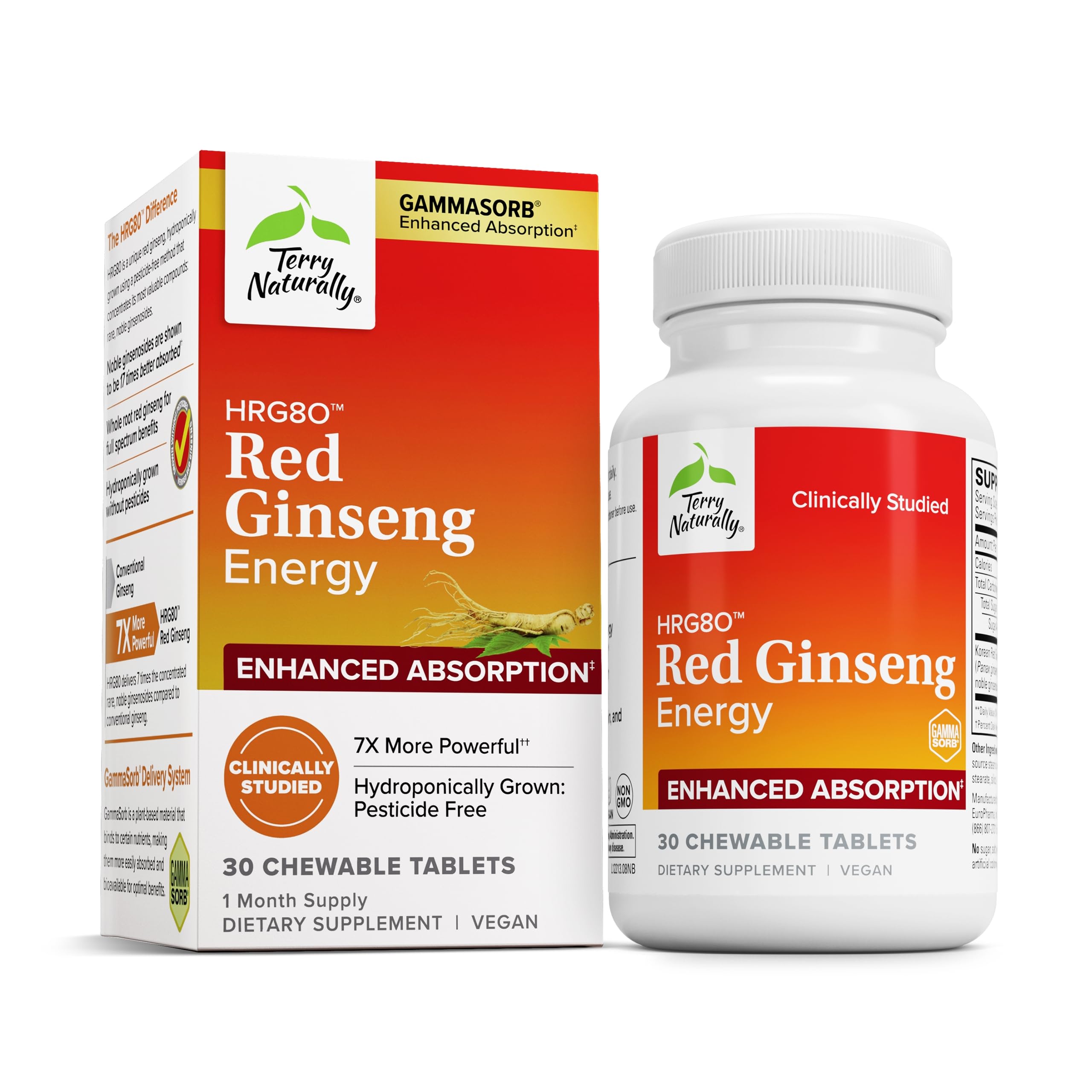 Terry Naturally HRG80 Ginseng Rouge, bouteille, soutien énergie durable au quotidien.