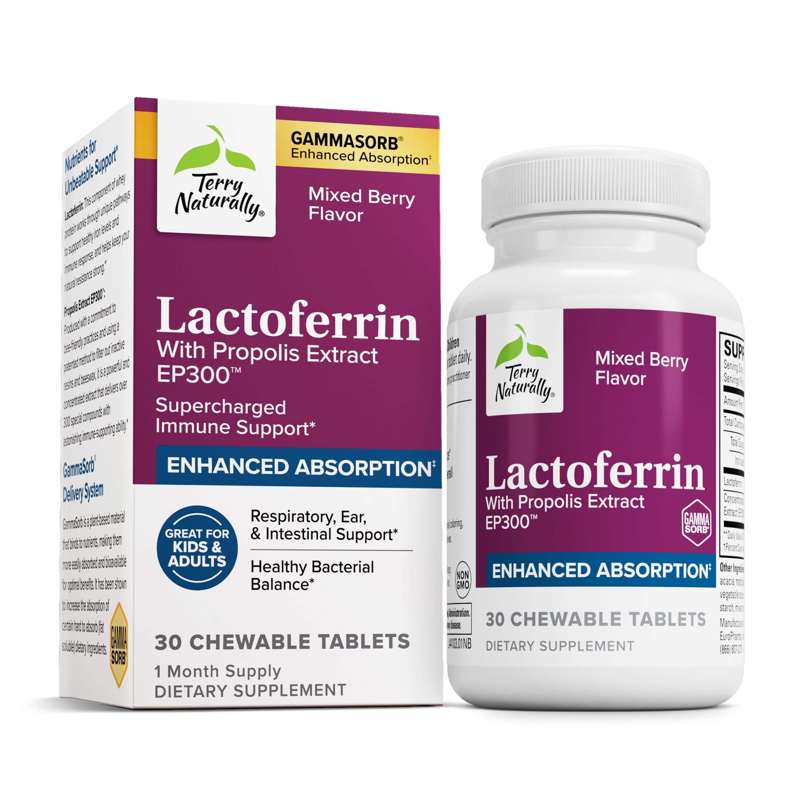 Boîte Terry Naturally Lactoferrin Propolis EP300, comprimés faciles à prendre pour le soutien immunitaire potentiel.