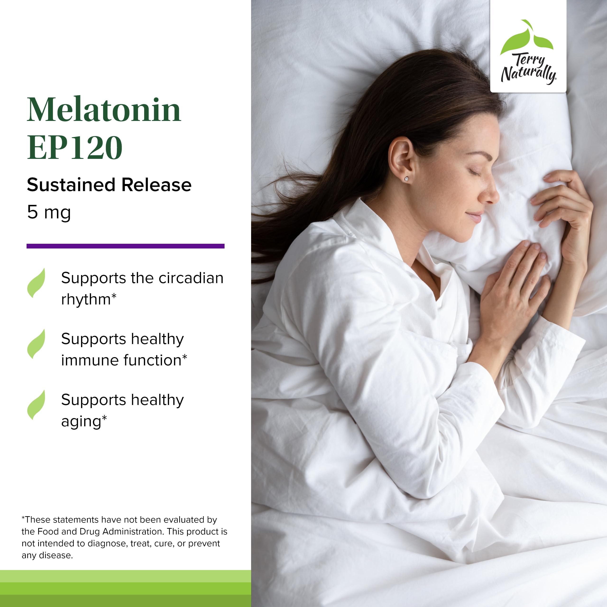 Tablettes Melatonin EP 5 mg par Terry Naturally, formulation sans gluten.