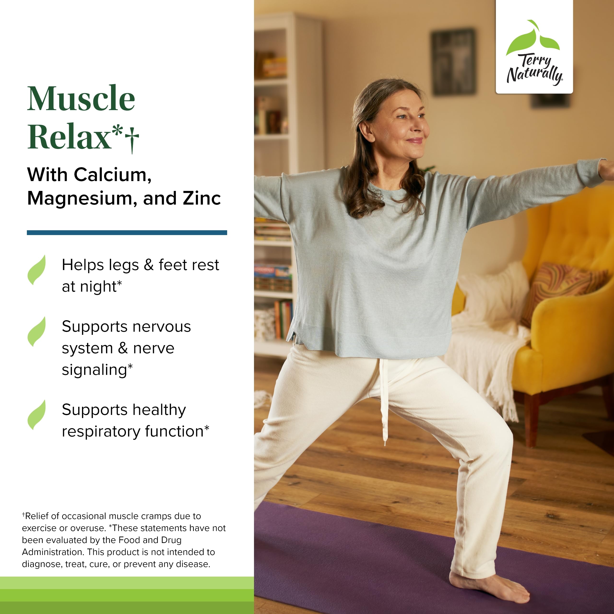Terry Naturally Muscle Relax : étiquette claire indiquant ingrédients et conseils d’utilisation