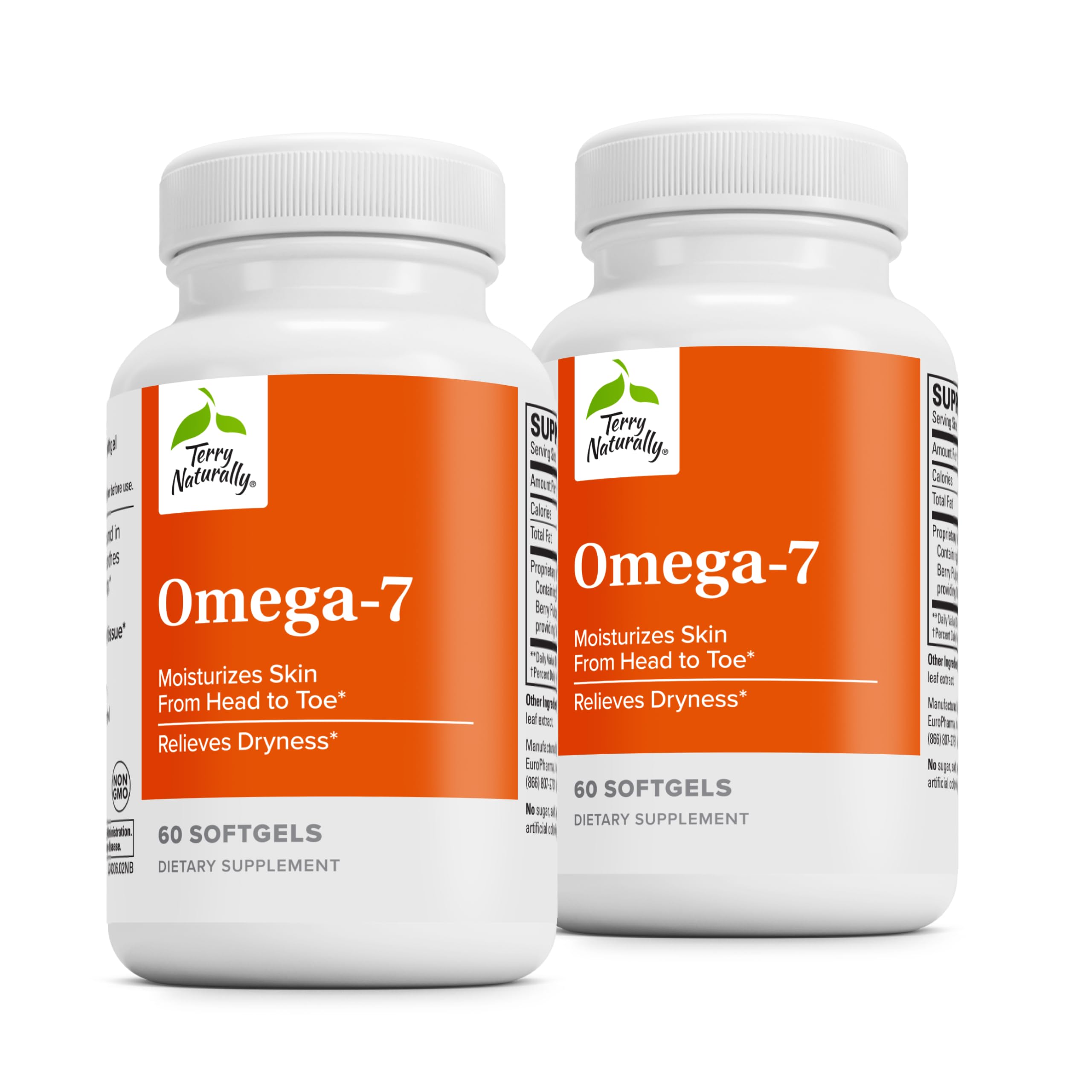 Terry Naturally Omega-7: bouteille ensemble de deux flacons et gélules pour hydratation potentielle de la peau.