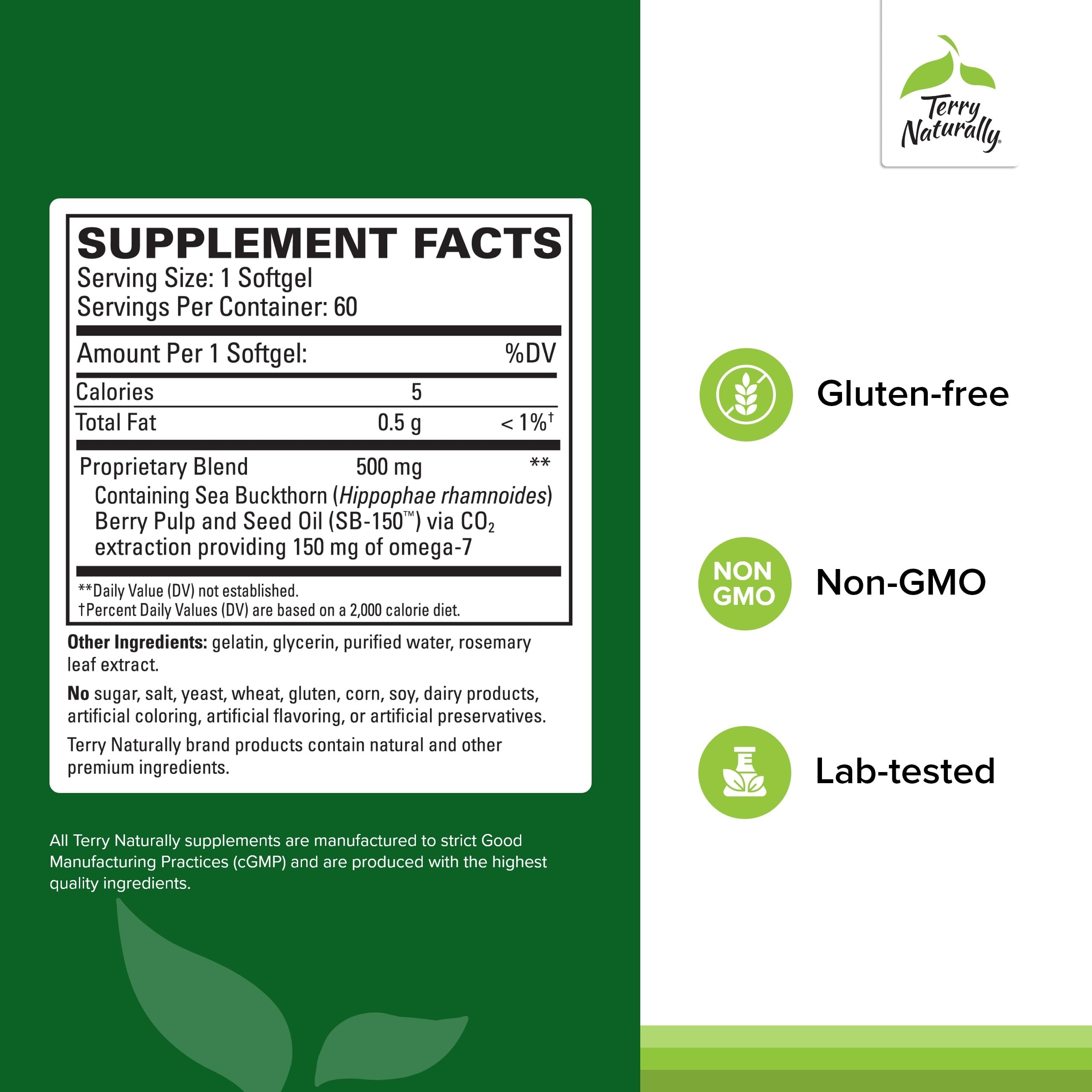 Terry Naturally Omega-7, gelules argousier, usage pratique pour l'hydratation oculaire.