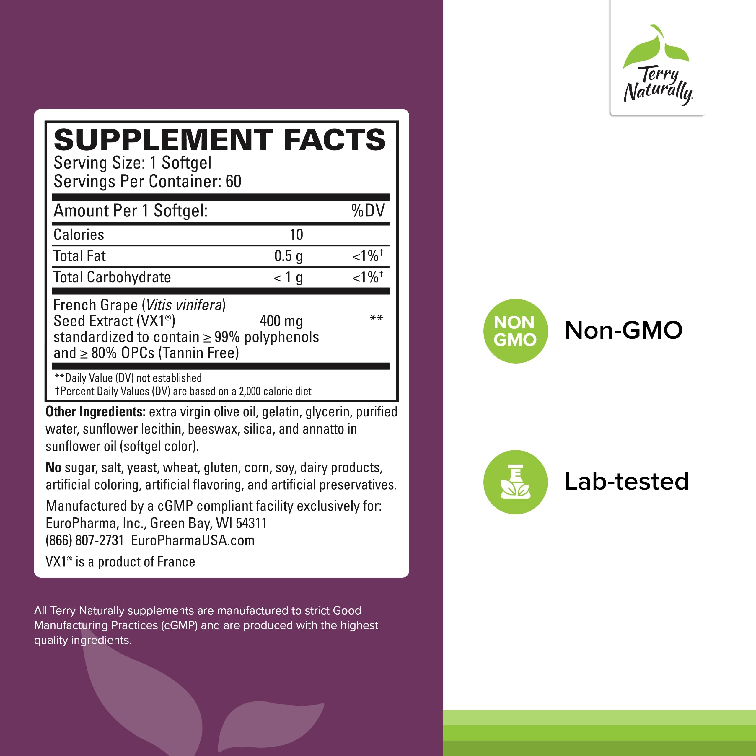 Étiquette Terry Naturally OPC Extra Strength, informations claires sur l’usage quotidien.