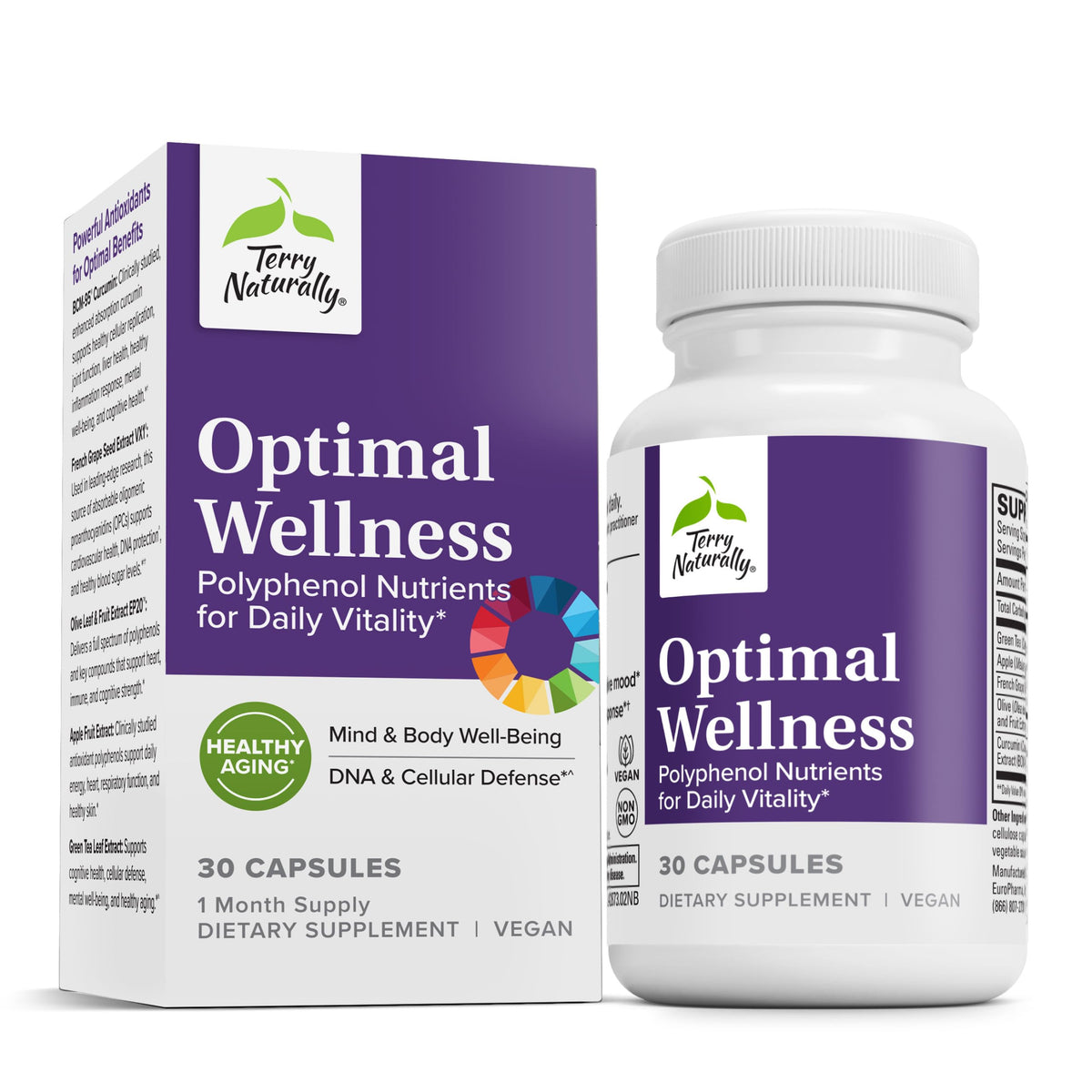 Terry Naturally Optimal Wellness: bouteille de capsules pour immunité et énergie quotidiennes.