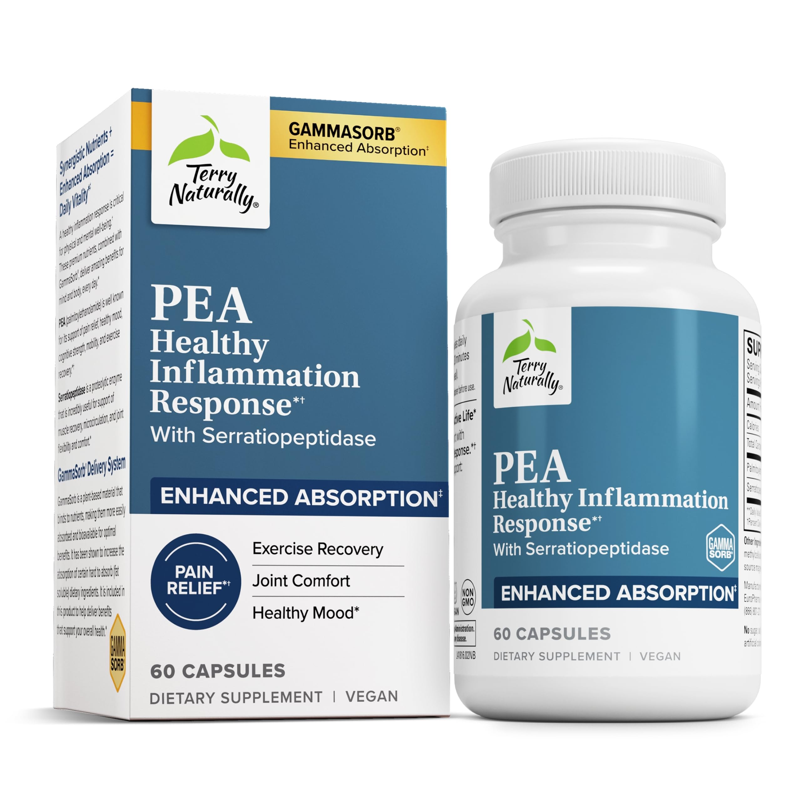 Terry Naturally – Pea Healthy Inflammation Response, bouteille sur étagère, soutien potentiel des articulations.