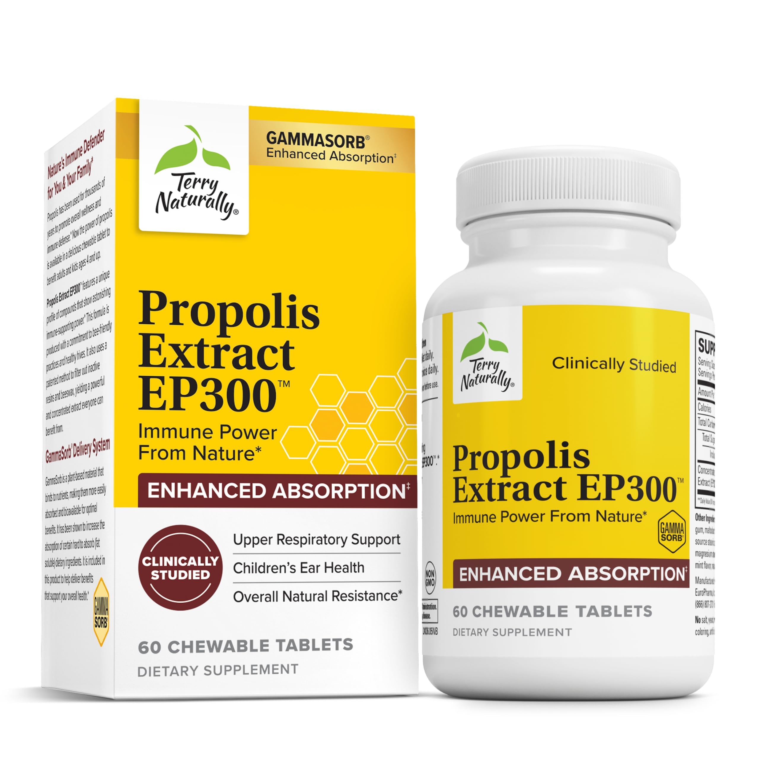 Terry Naturally Propolis EP300 dans la bouteille, comprimés à mâcher faciles à prendre, pratique.
