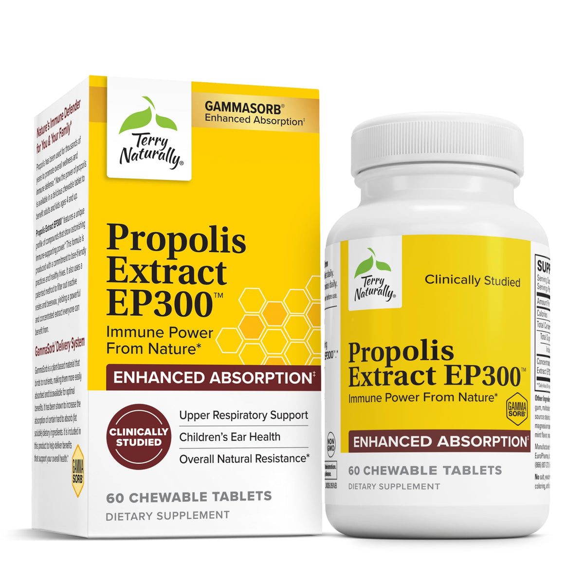 Terry Naturally Propolis EP300 dans la bouteille, comprimés à mâcher faciles à prendre, pratique.