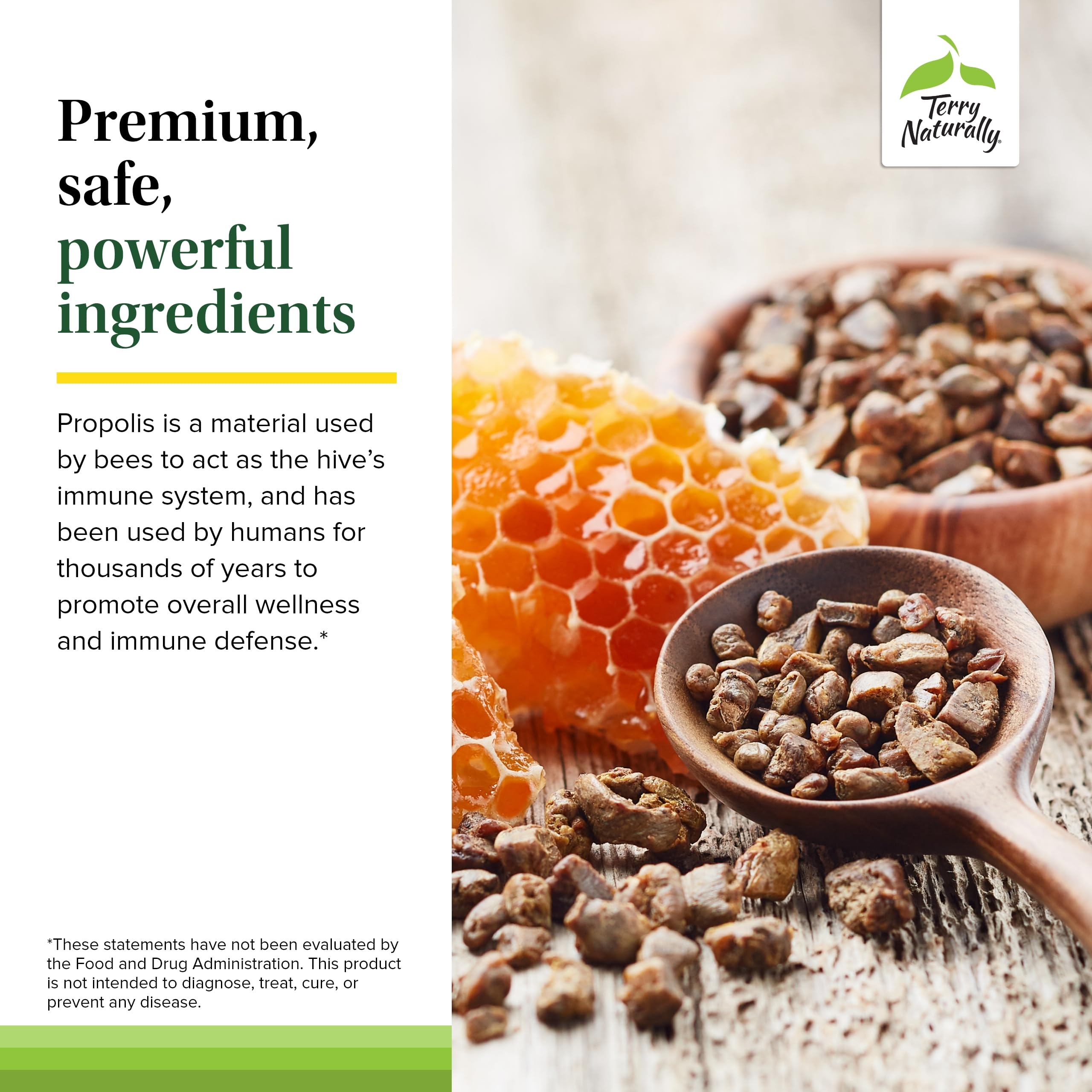 Zoom sur la texture des comprimés Terry Naturally Propolis EP300, mastication agréable.